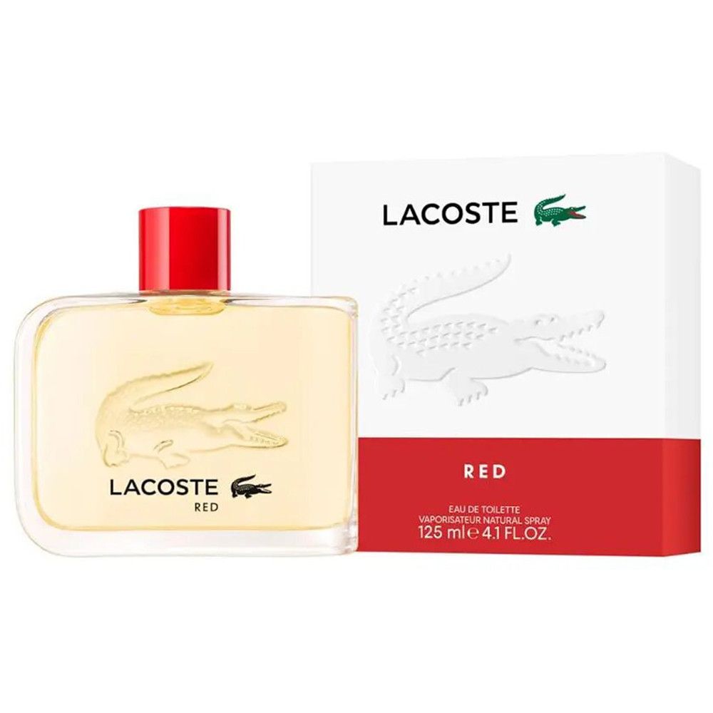 Lacoste Red Eau de Toilette. Flacon rectangulaire en verre, bouchon rouge. Emballage blanc avec logo crocodile et bande rouge.