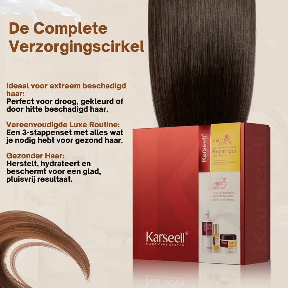 Karseell Haarverzorgingsset: Rode doos met drie producten, ideaal voor beschadigd haar.