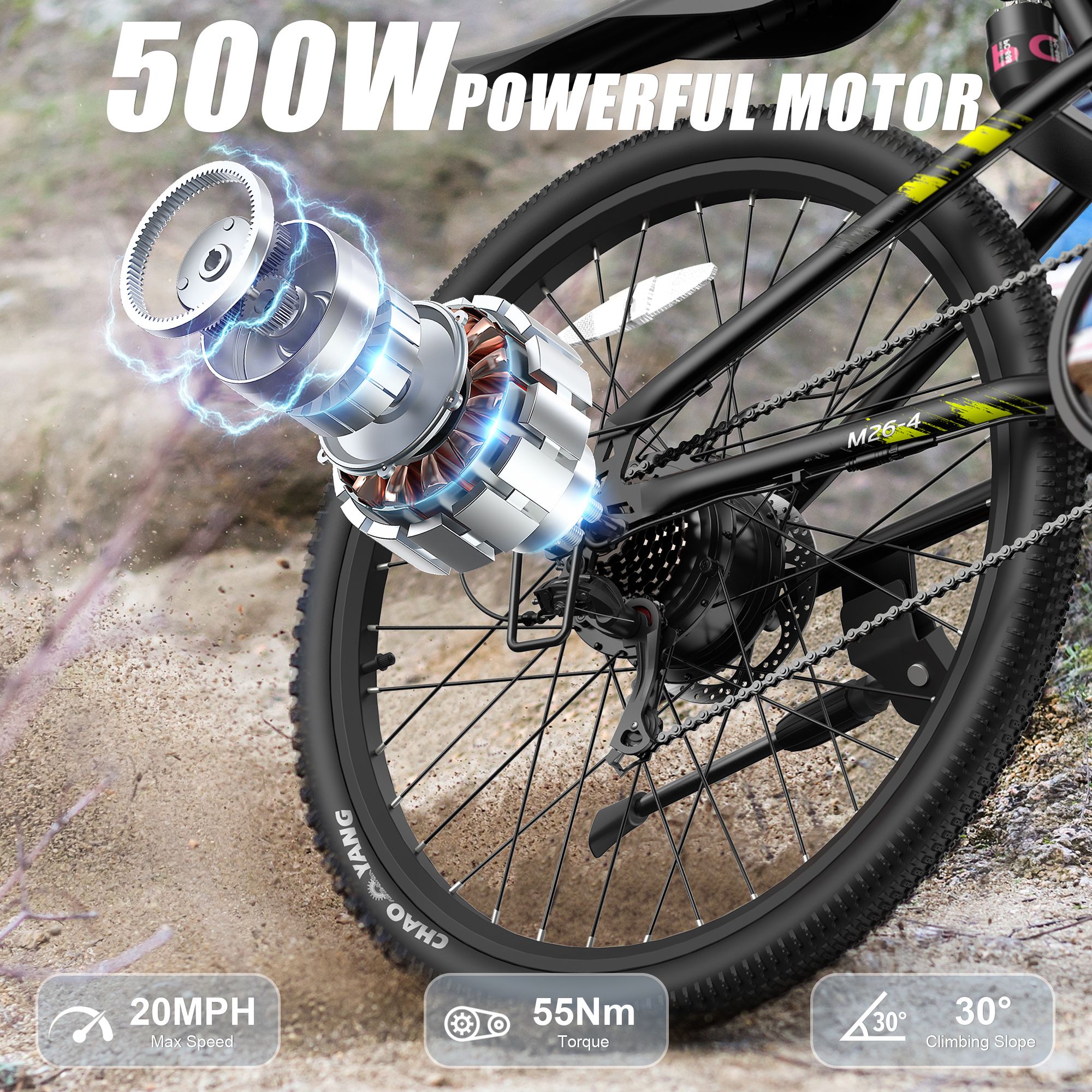 Achterwiel van elektrische fiets met motor. Zwarte band, zilveren motor. Tekst: 500W POWERFUL MOTOR, 20MPH, 55Nm, 30°.