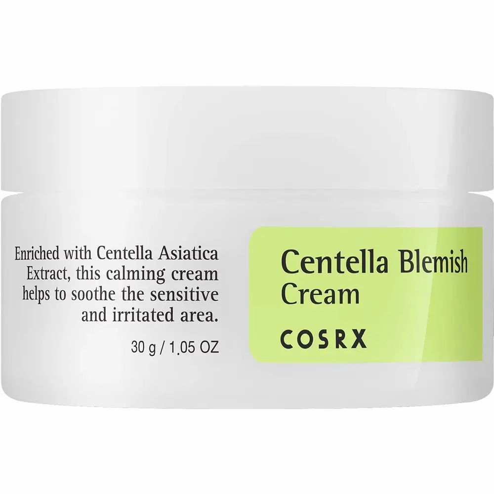 Crèmepot. Tekst: Centella Blemish Cream, COSRX. Opschrift: 30 g / 1,05 OZ.
