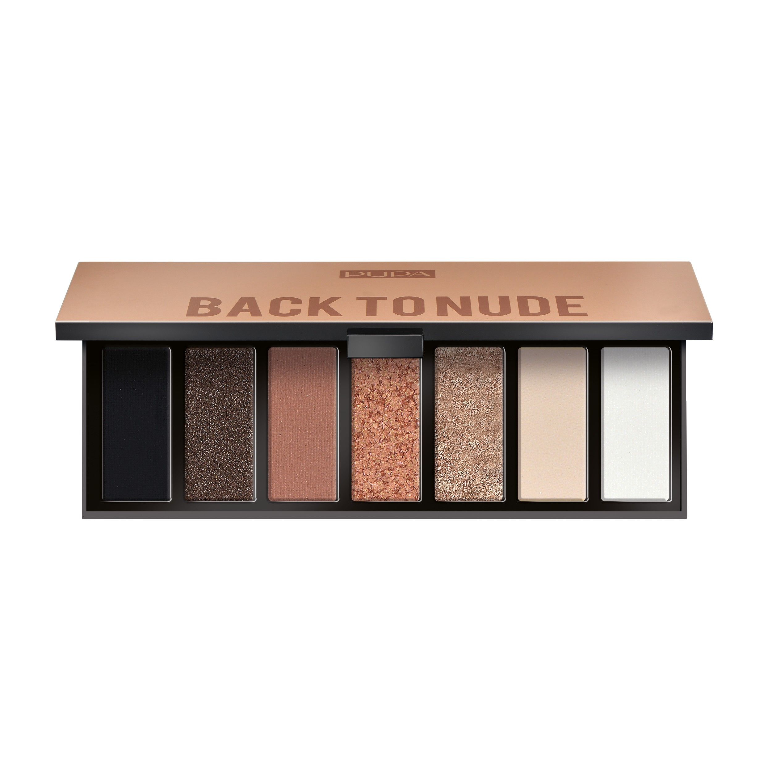 Palette de fards à paupières avec sept couleurs nude, finis mats et irisés.
