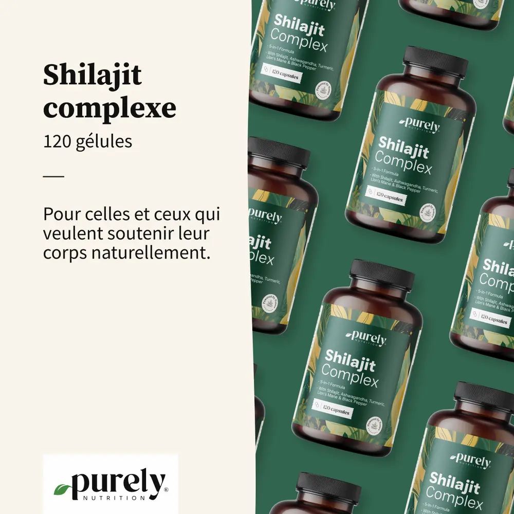 Plusieurs flacons Shilajit Complex. Inscription: 120 gélules. Texte: Pour tous ceux qui souhaitent soutenir leur corps naturellement.