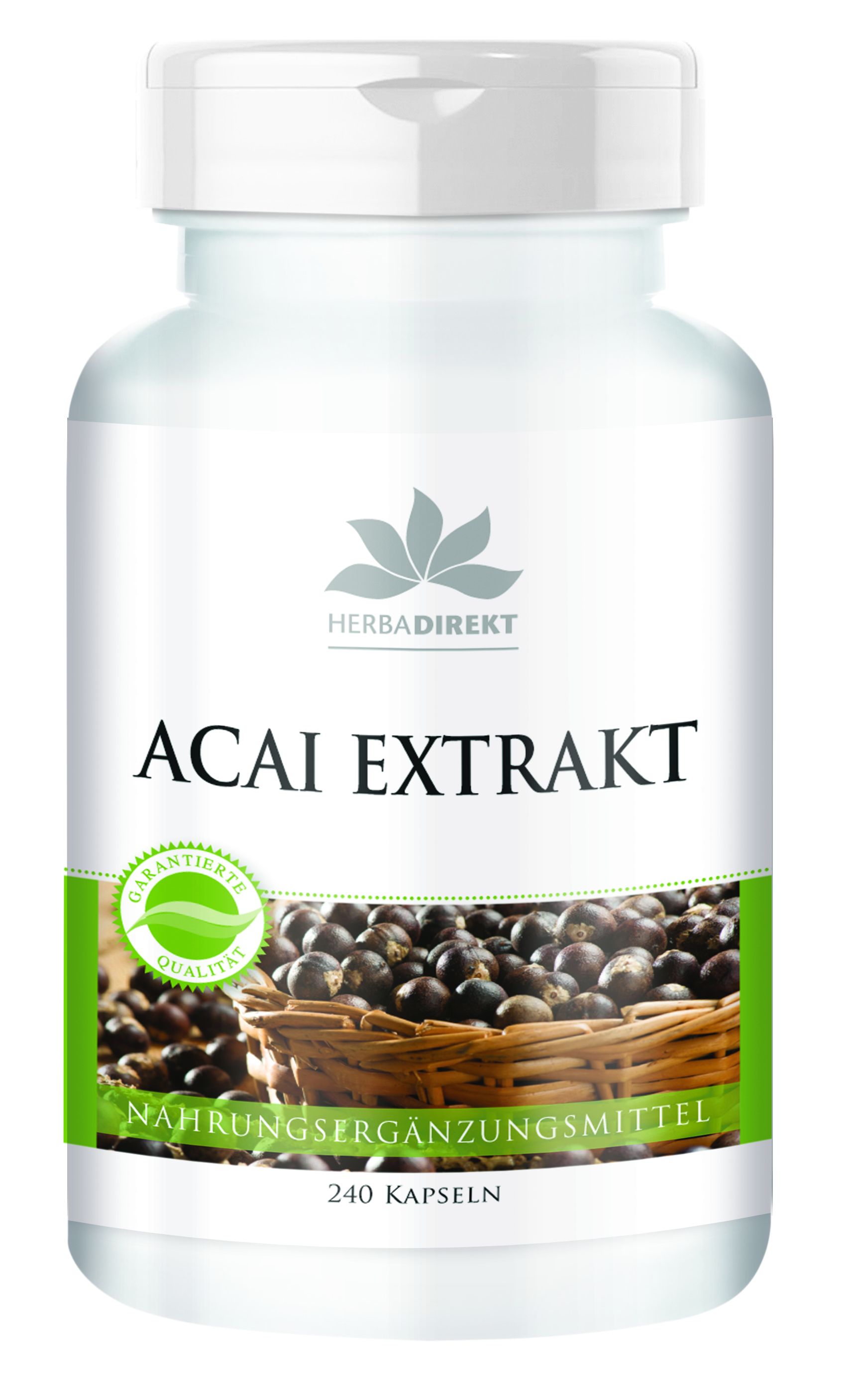 Flacon blanc avec étiquette verte. Inscription: Acai Extrakt, Herbadirekt, 240 capsules. Illustration de baies d'açaï dans un panier. Sceau: Qualité garantie.
