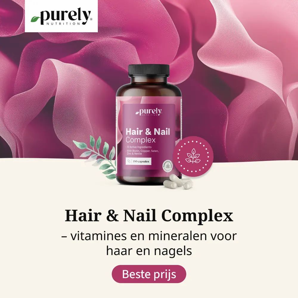 Een fles Purely Nutrition Hair & Nail Complex met capsules.