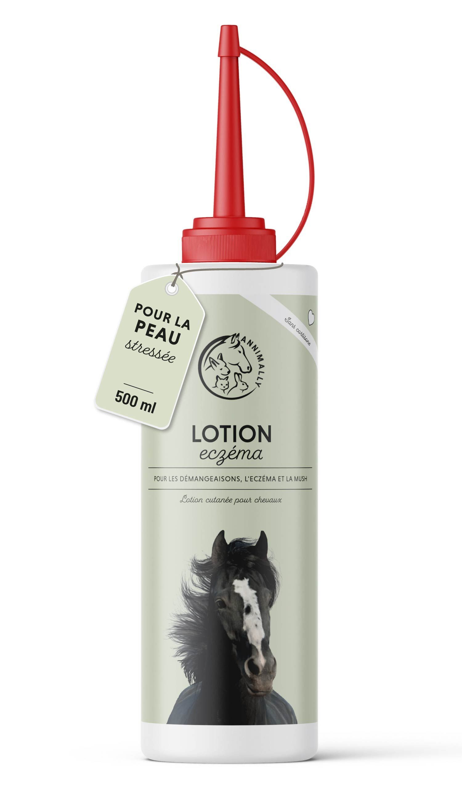 Flacon avec bouchon rouge. Étiquette avec nom du produit, logo et texte. Contenu : 500 ml.