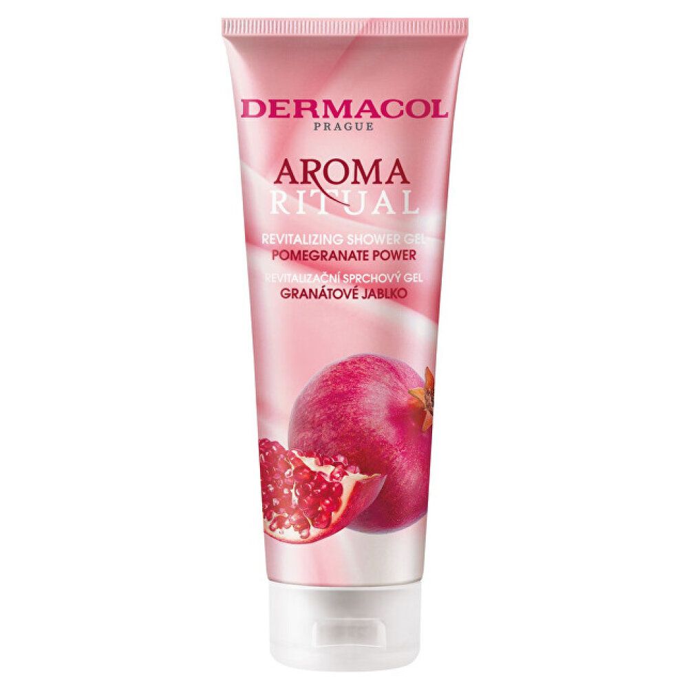Roze tube met opdruk. Opschrift: Dermacol, Aroma Ritual, Revitalisierendes Duschgel, Granatapfel. Afbeelding van granaatappel.