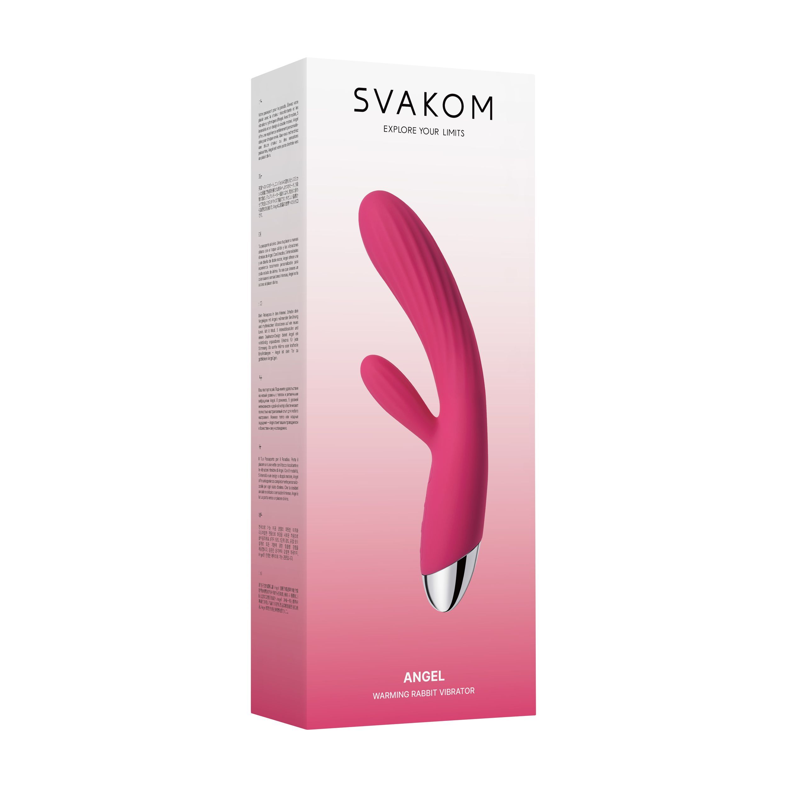 Verpakking met roze vibrator. Merk SVAKOM. Tekst: ANGEL, Warming Rabbit Vibrator.