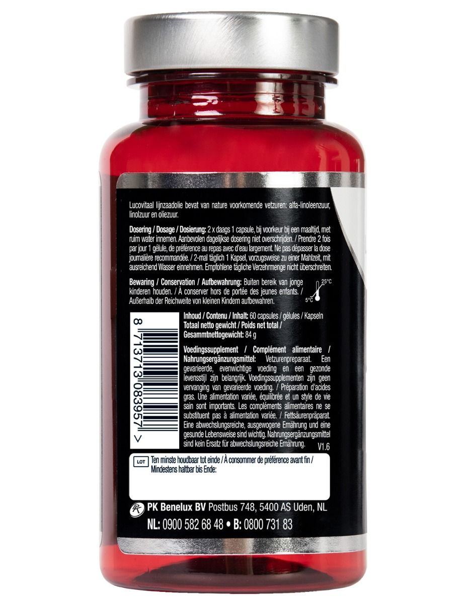 Dos de flacon de gélules rouge avec texte. Contient 60 gélules. Code-barres et date de péremption visibles.