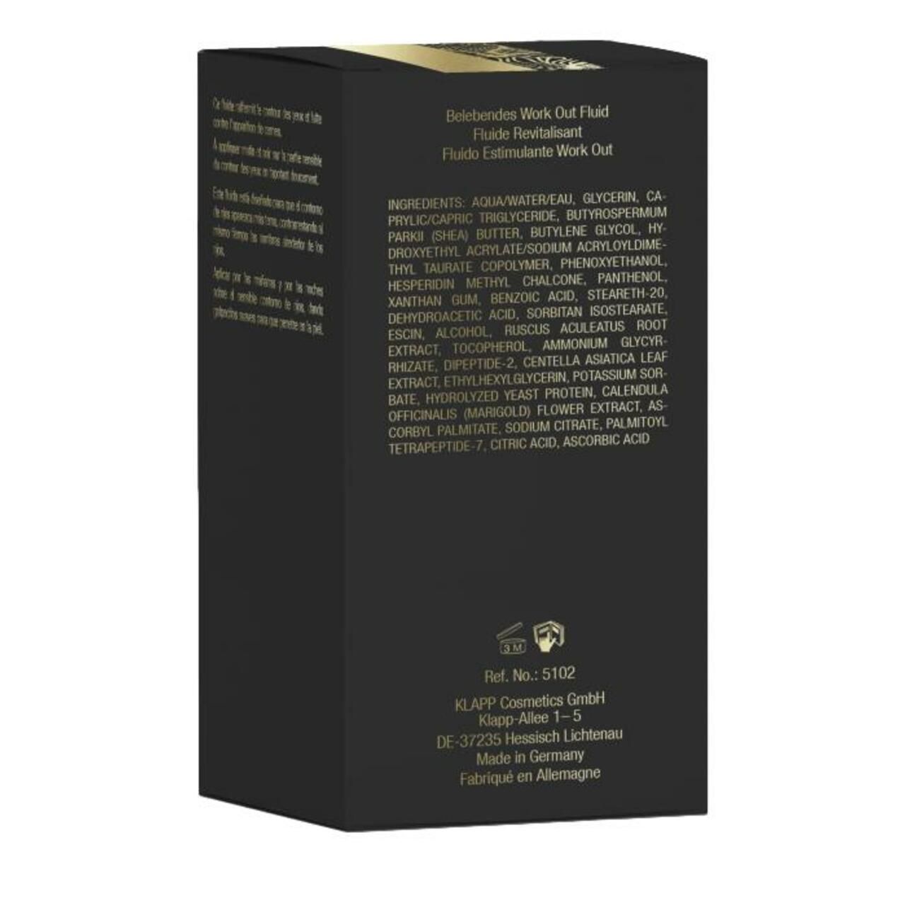 Emballage produit noir avec liste des ingrédients et informations fabricant, KLAPP eyeTECH.