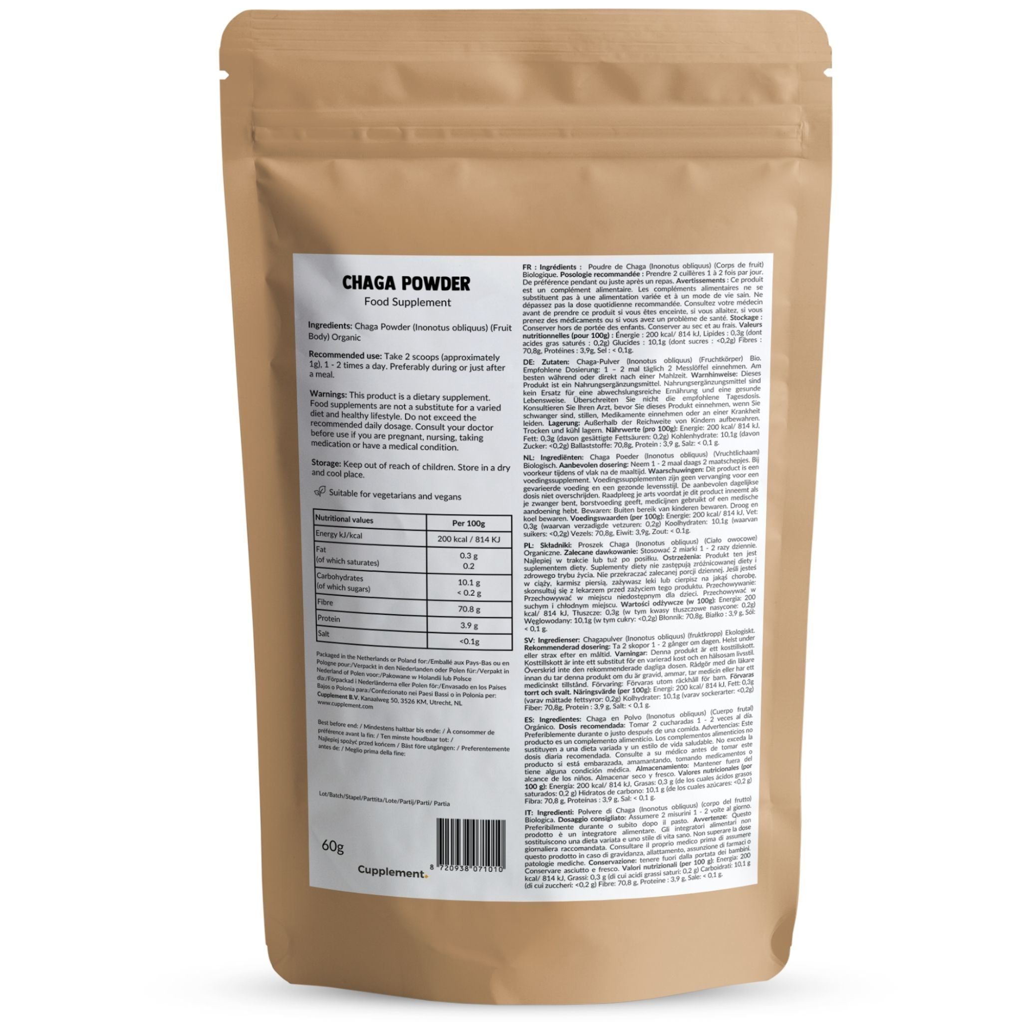 Zakje met Chaga poeder. Opschriften: Chaga Powder, Food Supplement, voedingswaarde, 60g, geschikt voor vegetariërs.