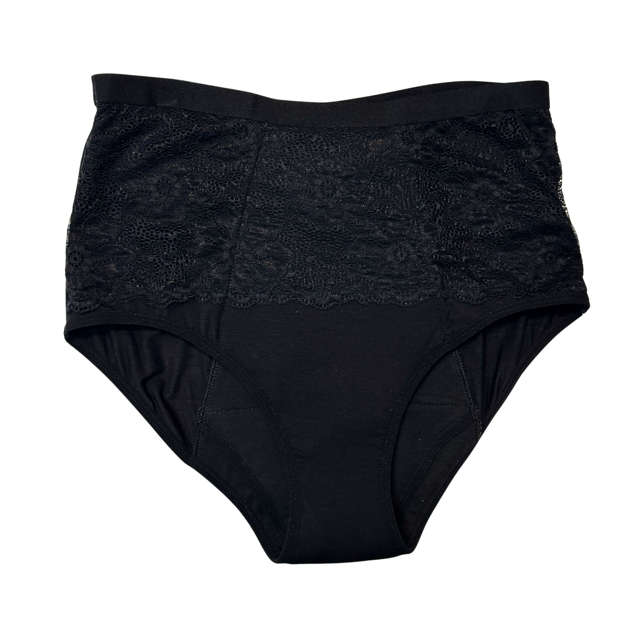 Culotte noire ultra-absorbante avec dentelle. Taille haute, couvrant le ventre. Vue de face.