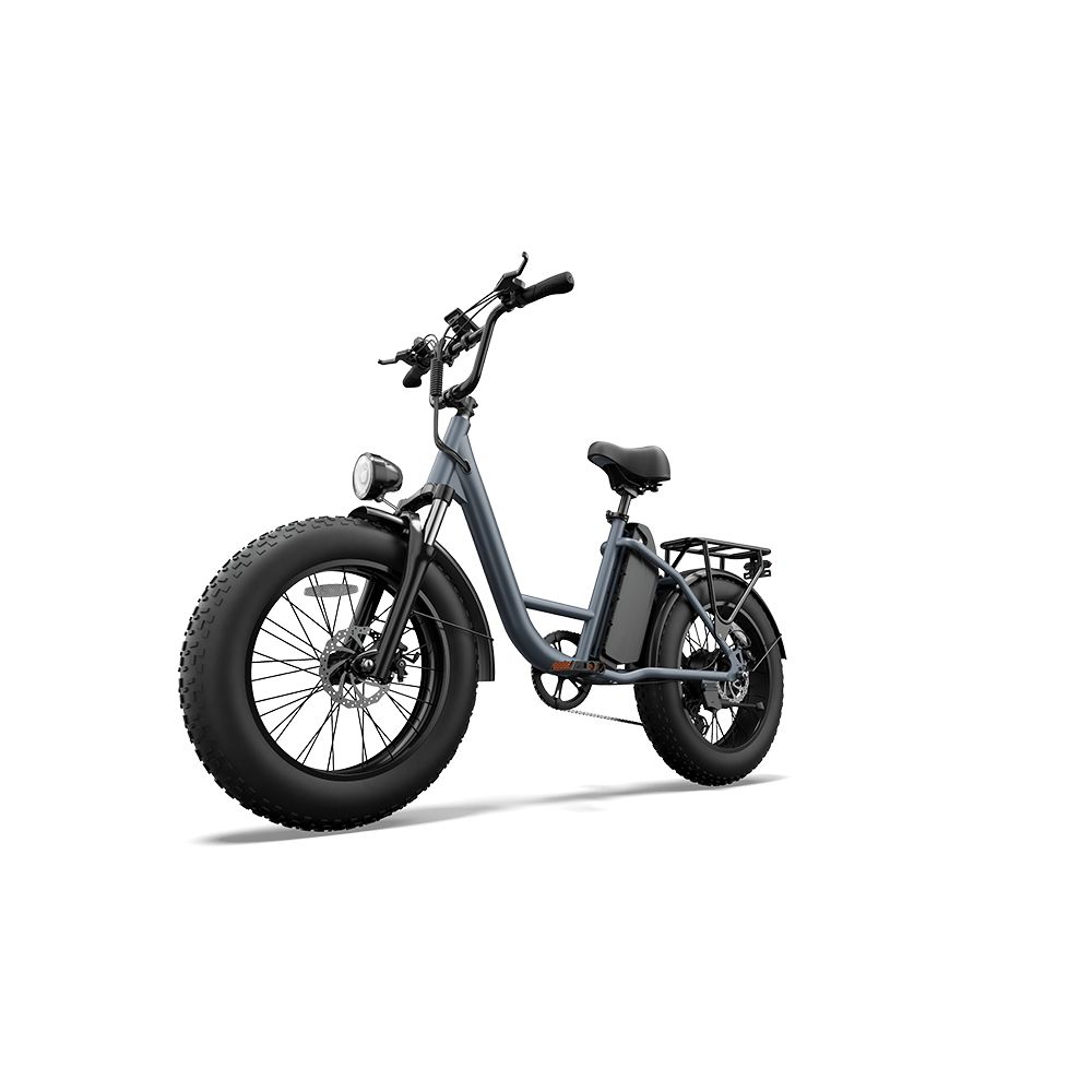 Grijze elektrische fiets met brede banden, bagagerek en koplamp. Zijaanzicht.