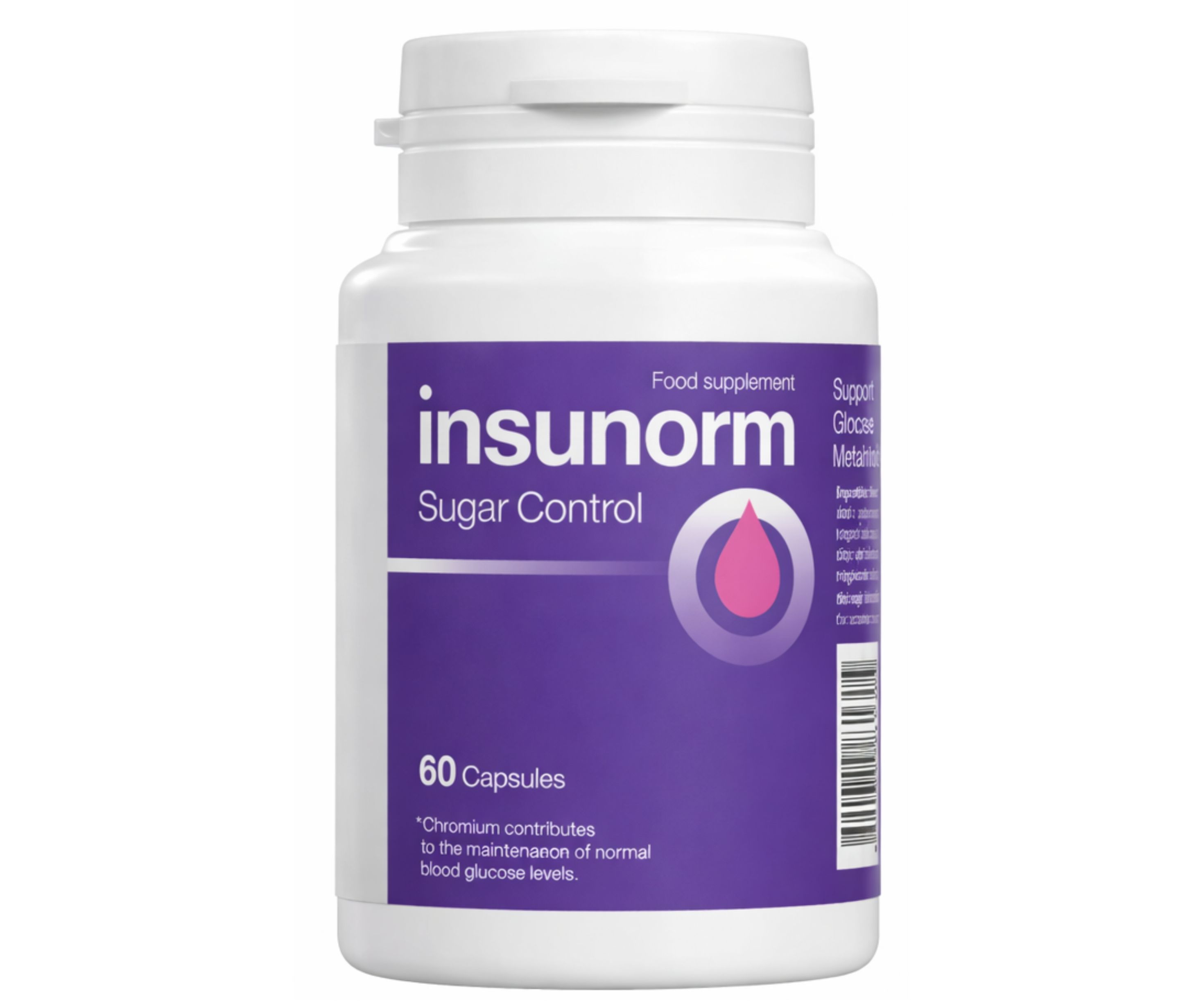 Witte fles met paars etiket. Opschrift: insunorm, Sugar Control. Bevat 60 capsules. Voedingssupplement.
