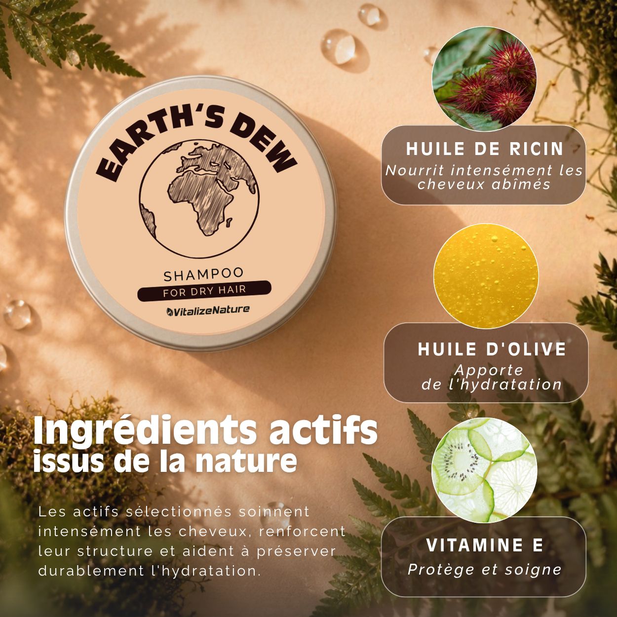VitalizeNature Earth's Dew Barre de Shampooing – Pour cheveux secs à l’huile de ricin
