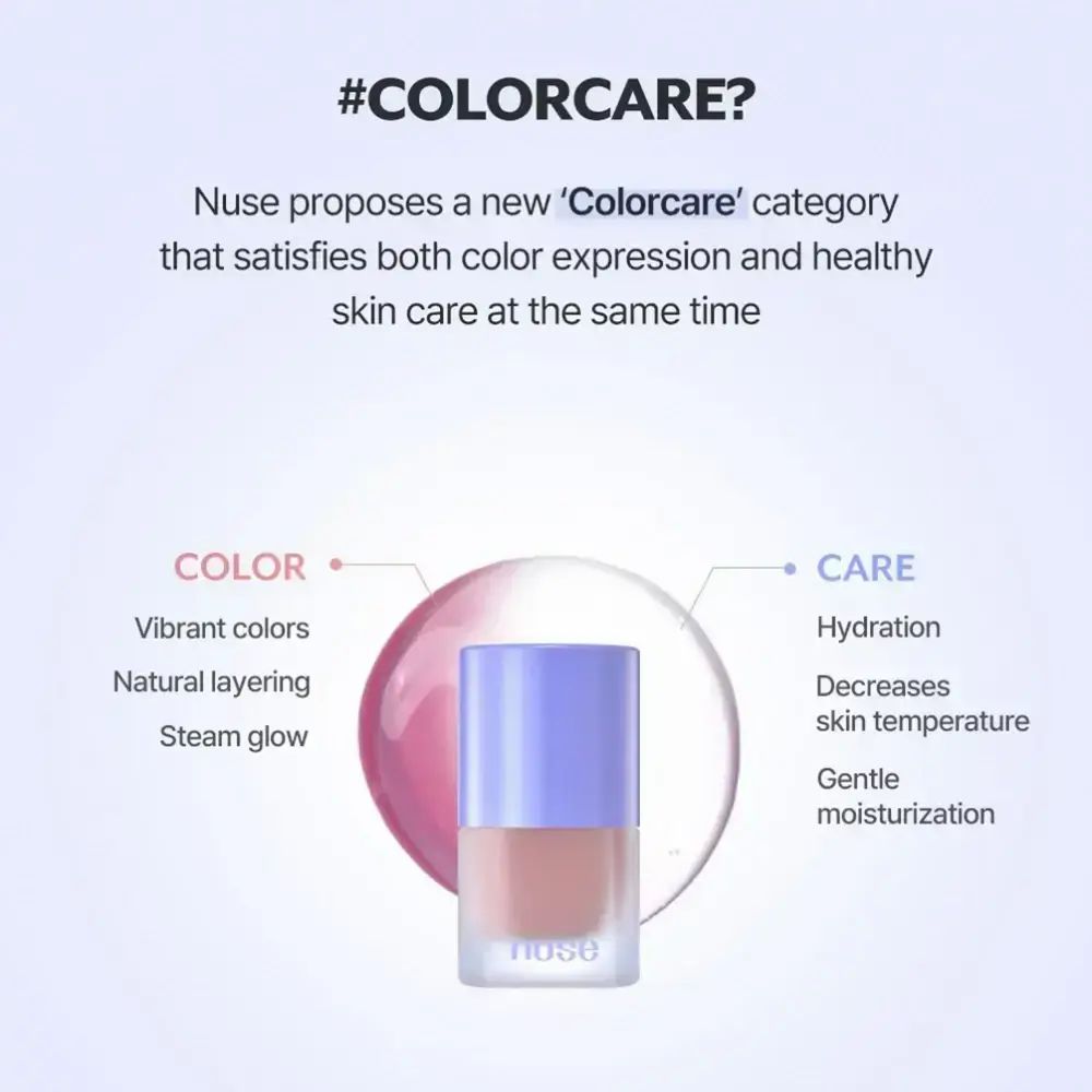 Infographic met het product en tekst. Het product is een vloeibare blush. Tekst: #COLORCARE? en informatie over kleur en verzorging.