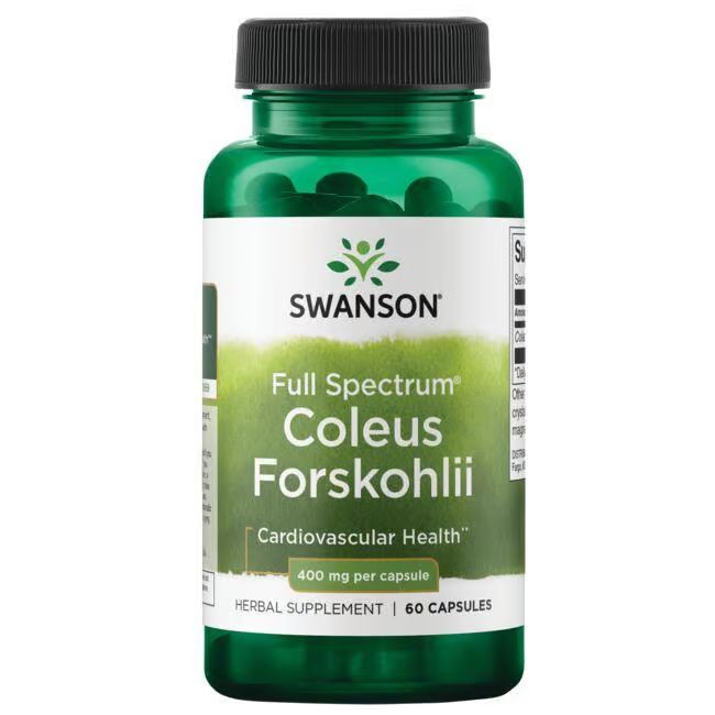 Groene fles met capsules. Opschrift: SWANSON, Coleus Forskohlii, 400 mg per capsule. 60 capsules. Kruidensupplement.