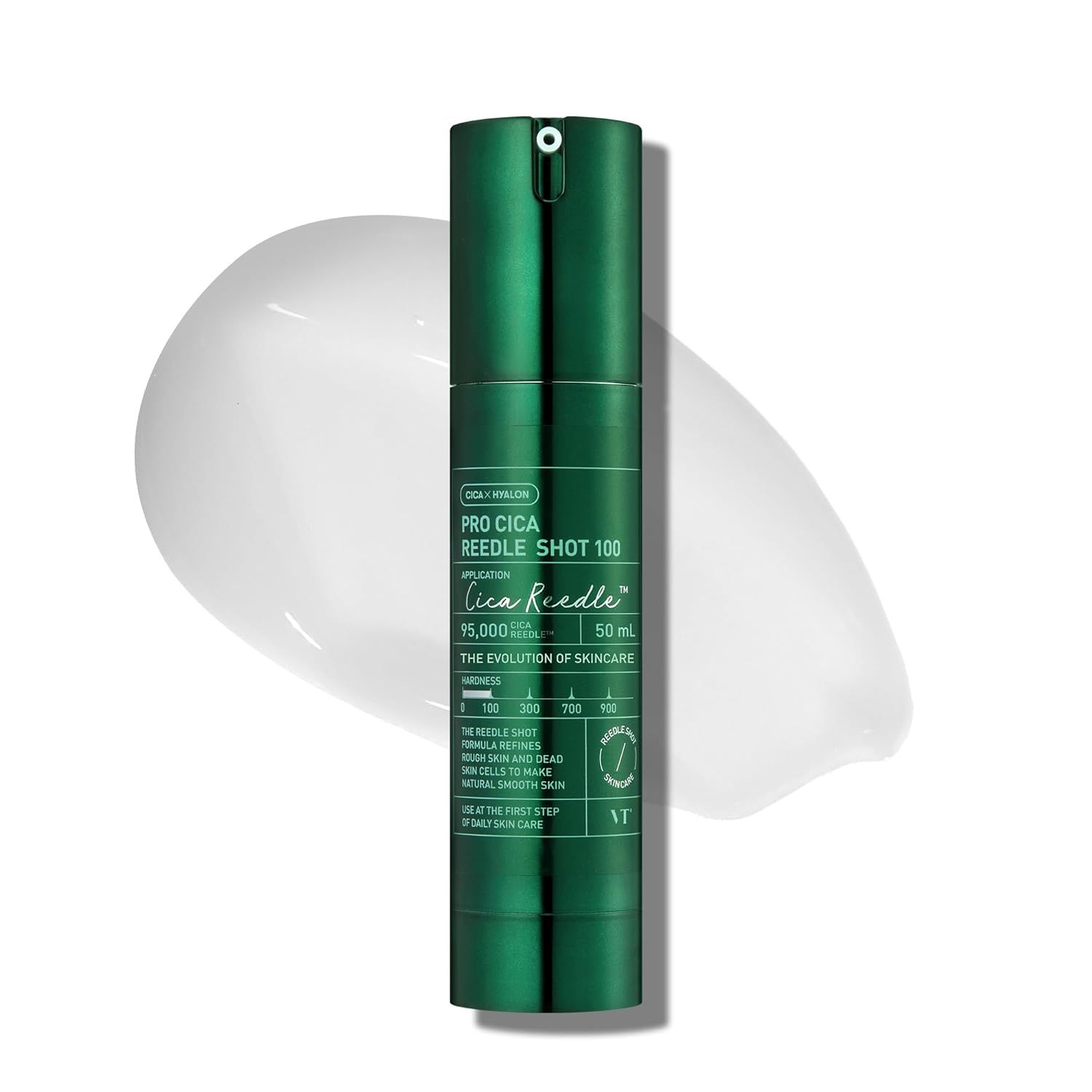 Groene fles met witte vloeistof. Tekst: Pro Cica Reedle Shot 100, 50ml. Opschrift: The Evolution of Skincare.