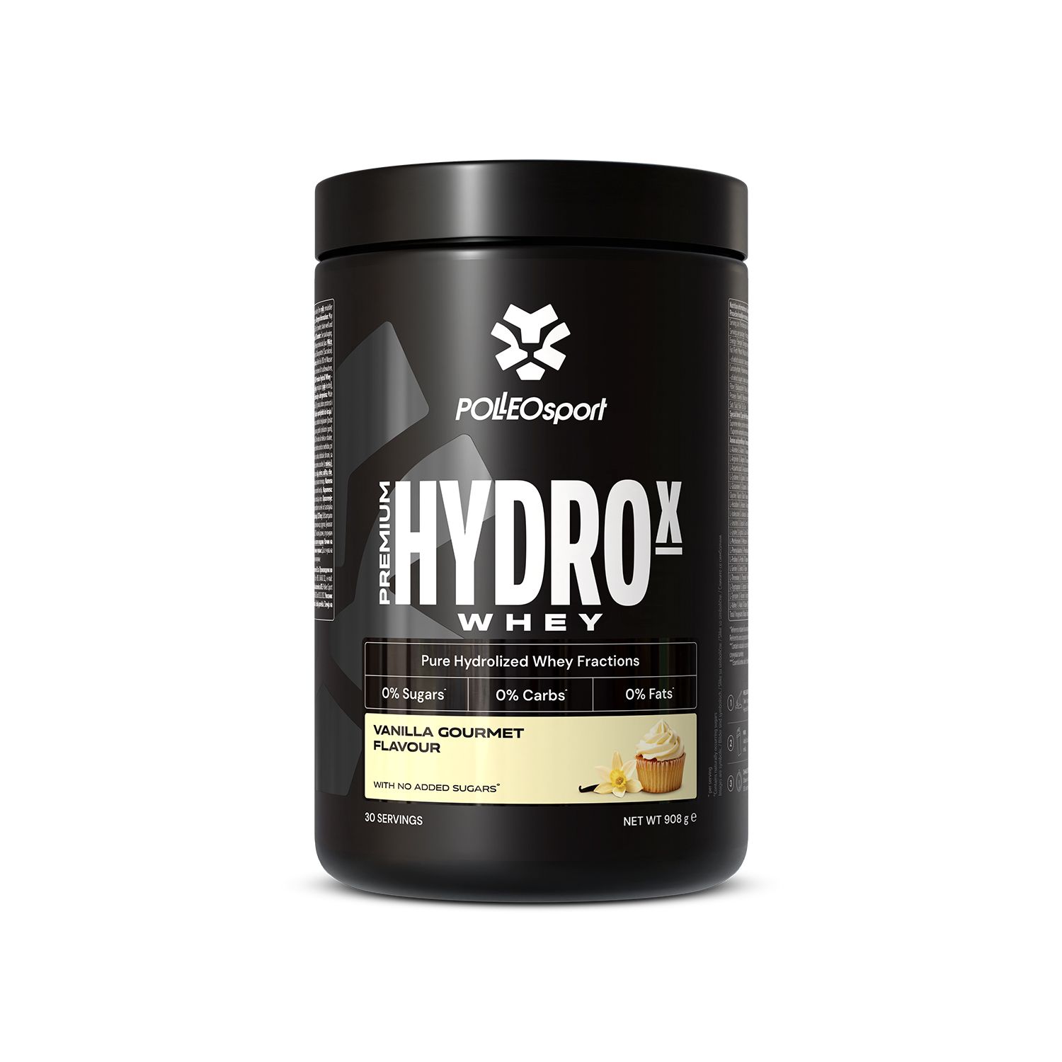 Zwarte pot met witte tekst: HYDROX WHEY. Smaak: Vanille. Logo: PolleoSport. Bevat 0% suiker, koolhydraten en vet.