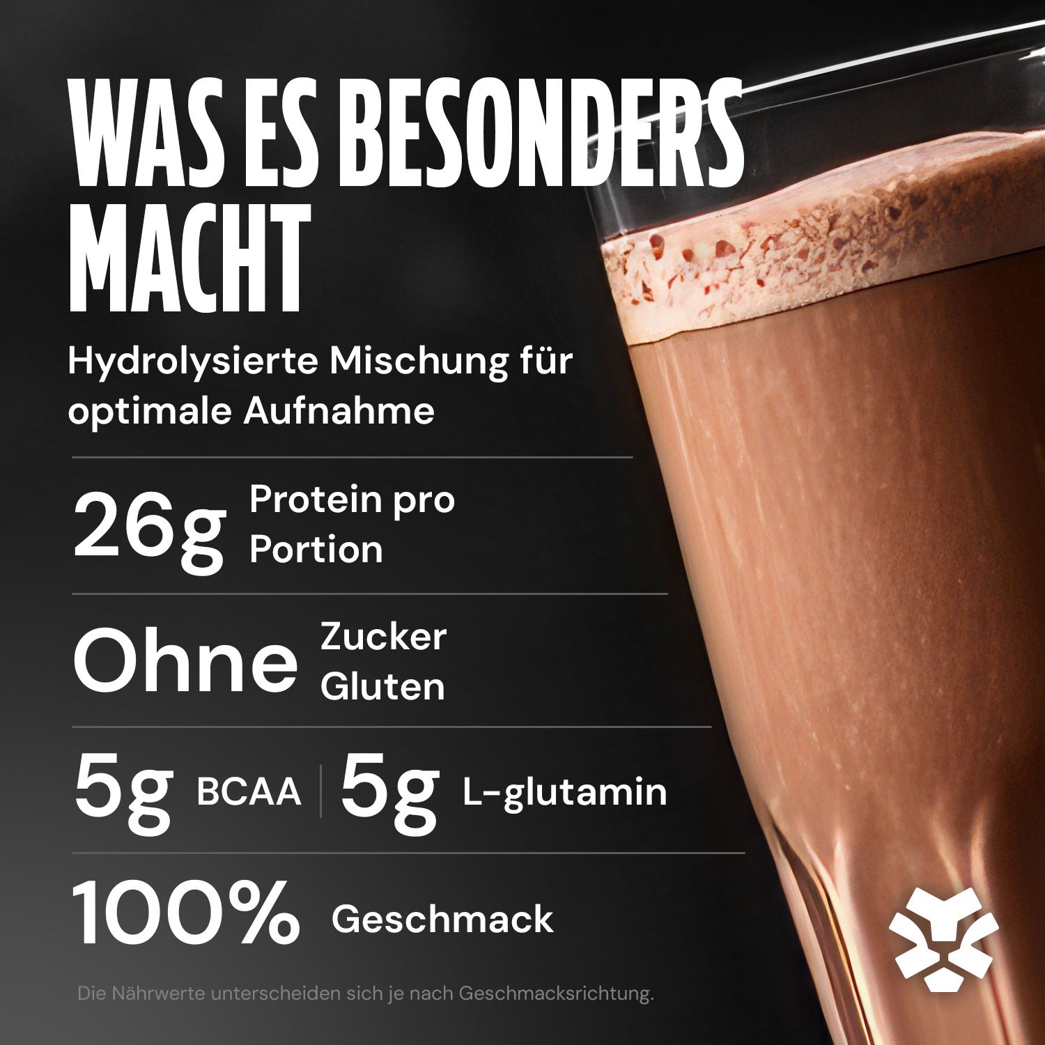 Glas met eiwitshake. Tekst: 26g eiwit per portie, zonder suiker en gluten, 5g BCAA, 5g L-glutamine. Tekst: 100% smaak.