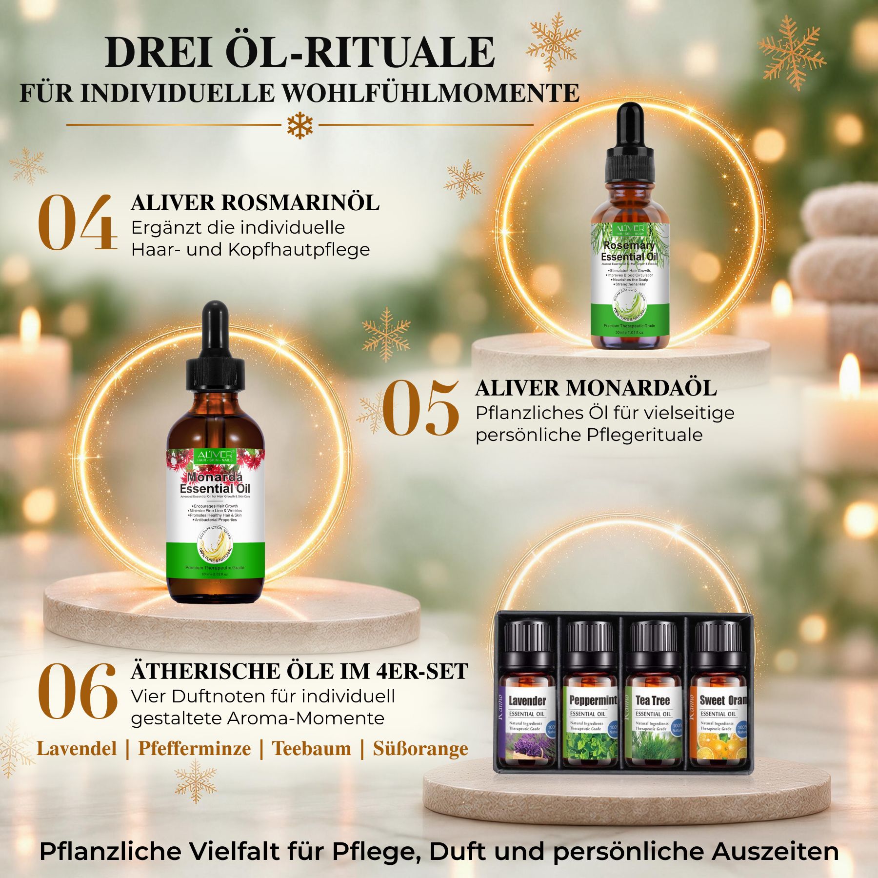 Coffret d'huiles essentielles pour divers rituels de soin et d'arôme.