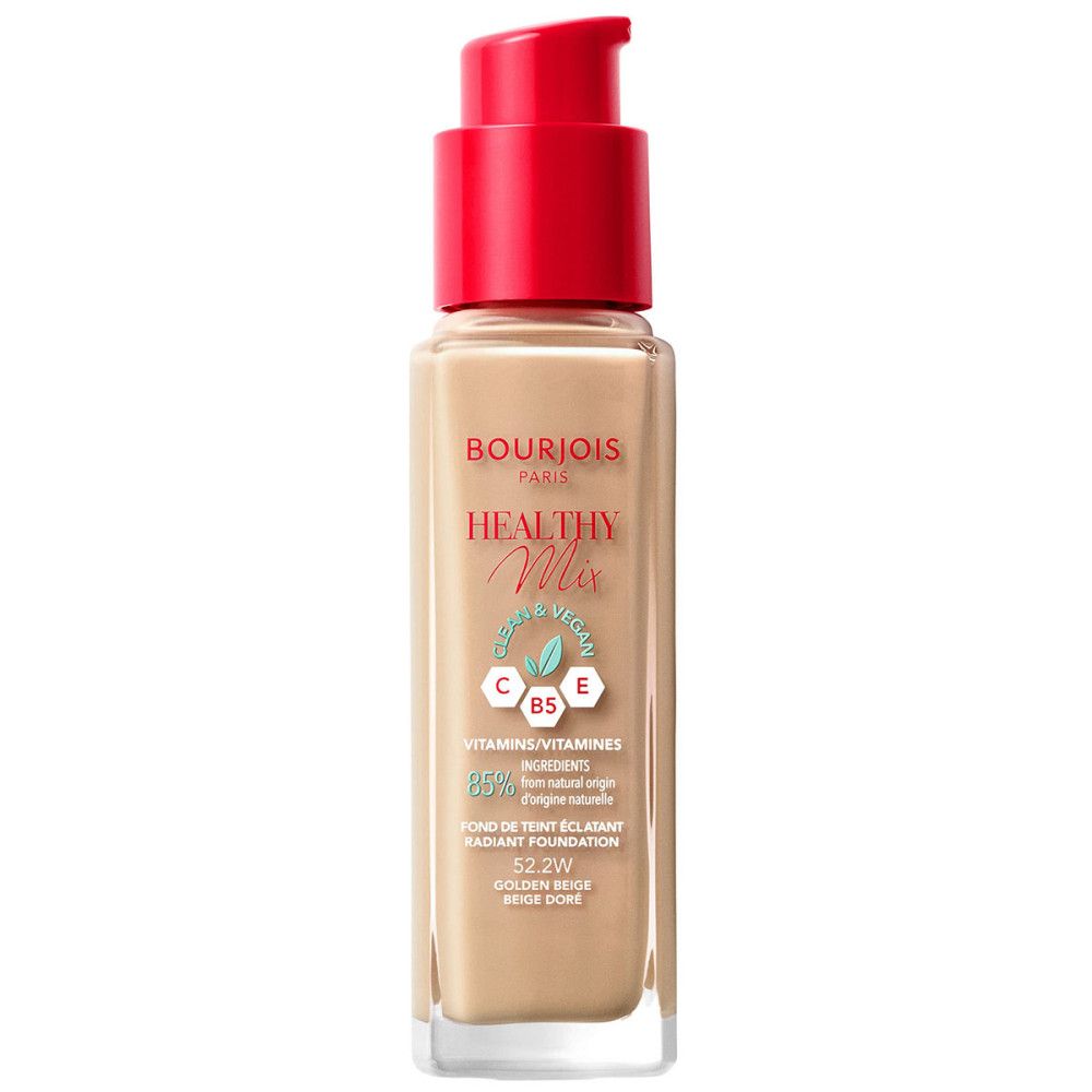 Bourjois Healthy Mix foundation fles. Beige vloeistof, rode pompdeksel. Tekst.