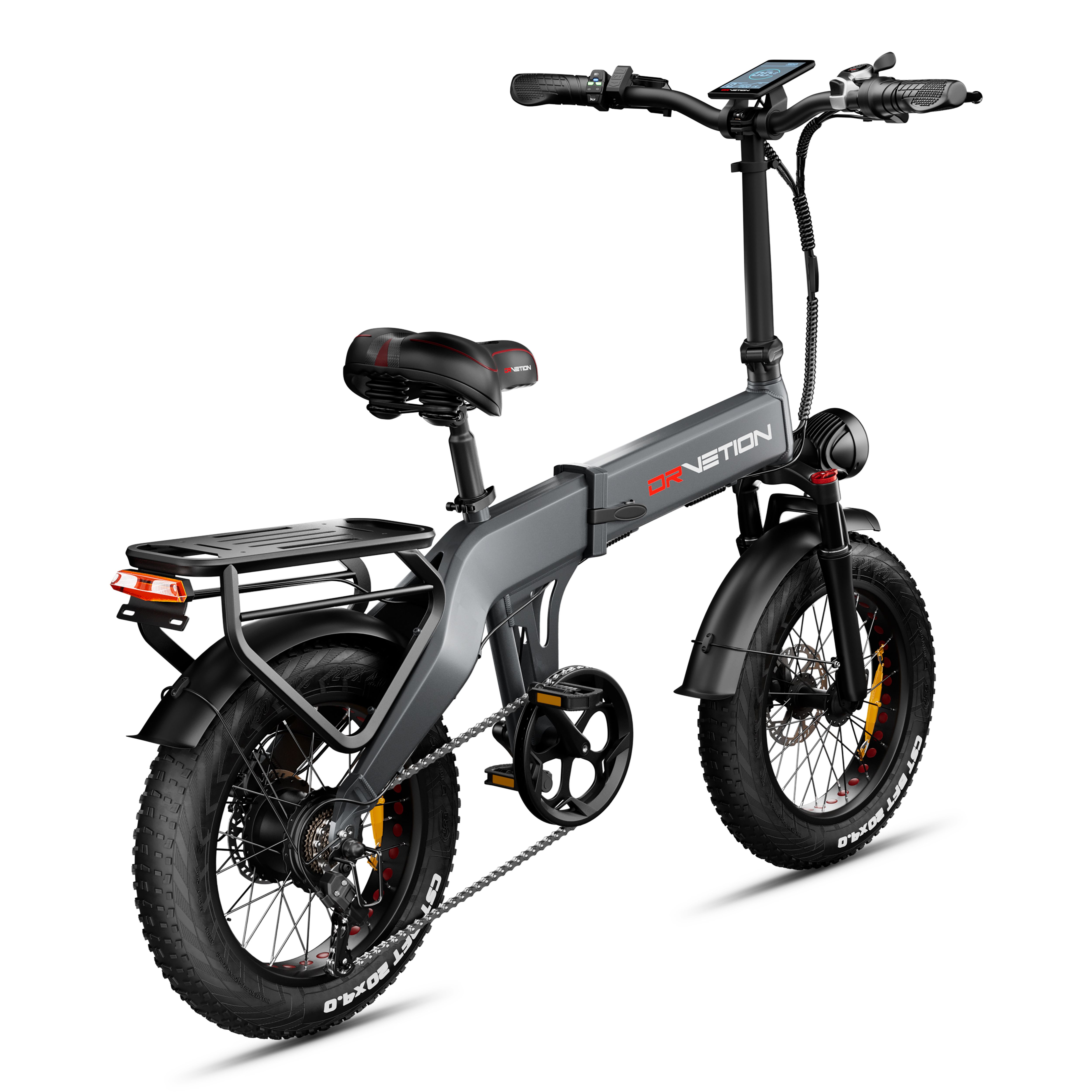 Grijze, opvouwbare e-bike. Zwarte banden, bagagedrager, achterlicht. Merk: DrveTion. 48V.