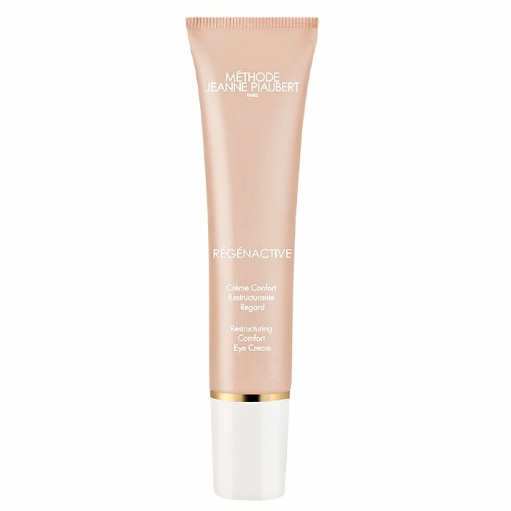 Tube beige avec bouchon blanc. Inscription: Rgnactive, Restructuring Comfort Eye Cream.