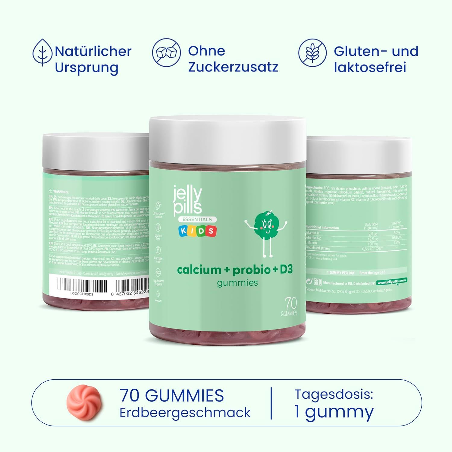Trois pots de gummies Jelly Pills Kids. Inscription : calcium + probio + D3 gummies. Sans sucre, sans gluten, sans lactose.