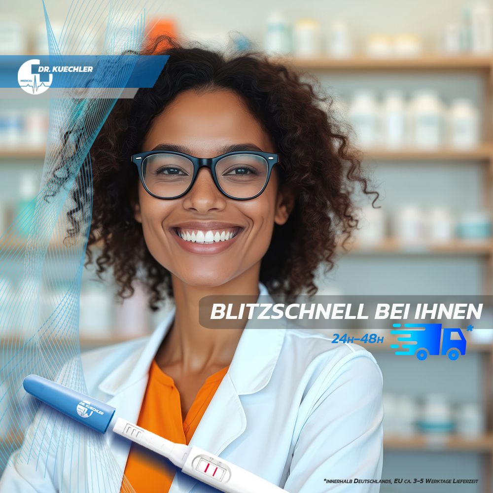 Pharmacienne souriante avec test de grossesse. "Chez vous en un clin d'œil".