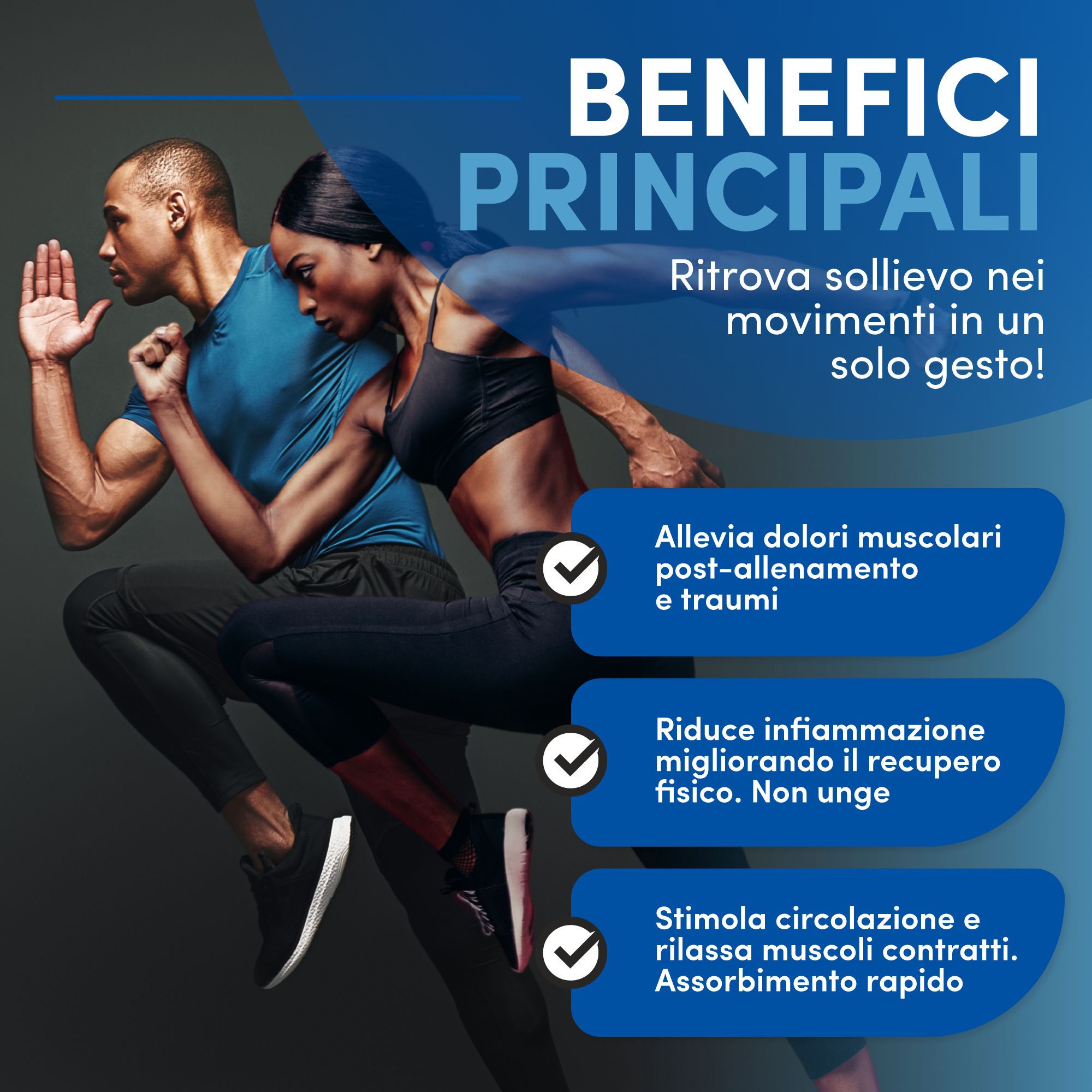 Deux athlètes. Texte: Avantages, soulage la douleur, réduit l'inflammation, stimule la circulation. Absorption rapide.