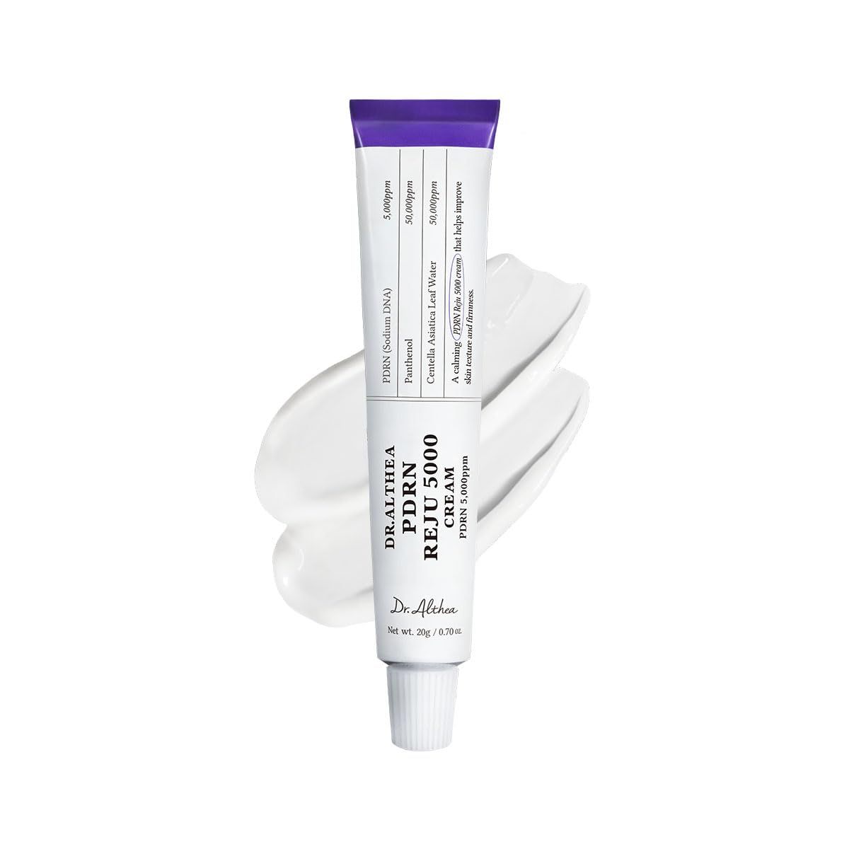 Tube de crème violette. Inscription: Dr. Althea PDRN Reju 5000 Creme. À côté, une goutte de crème.