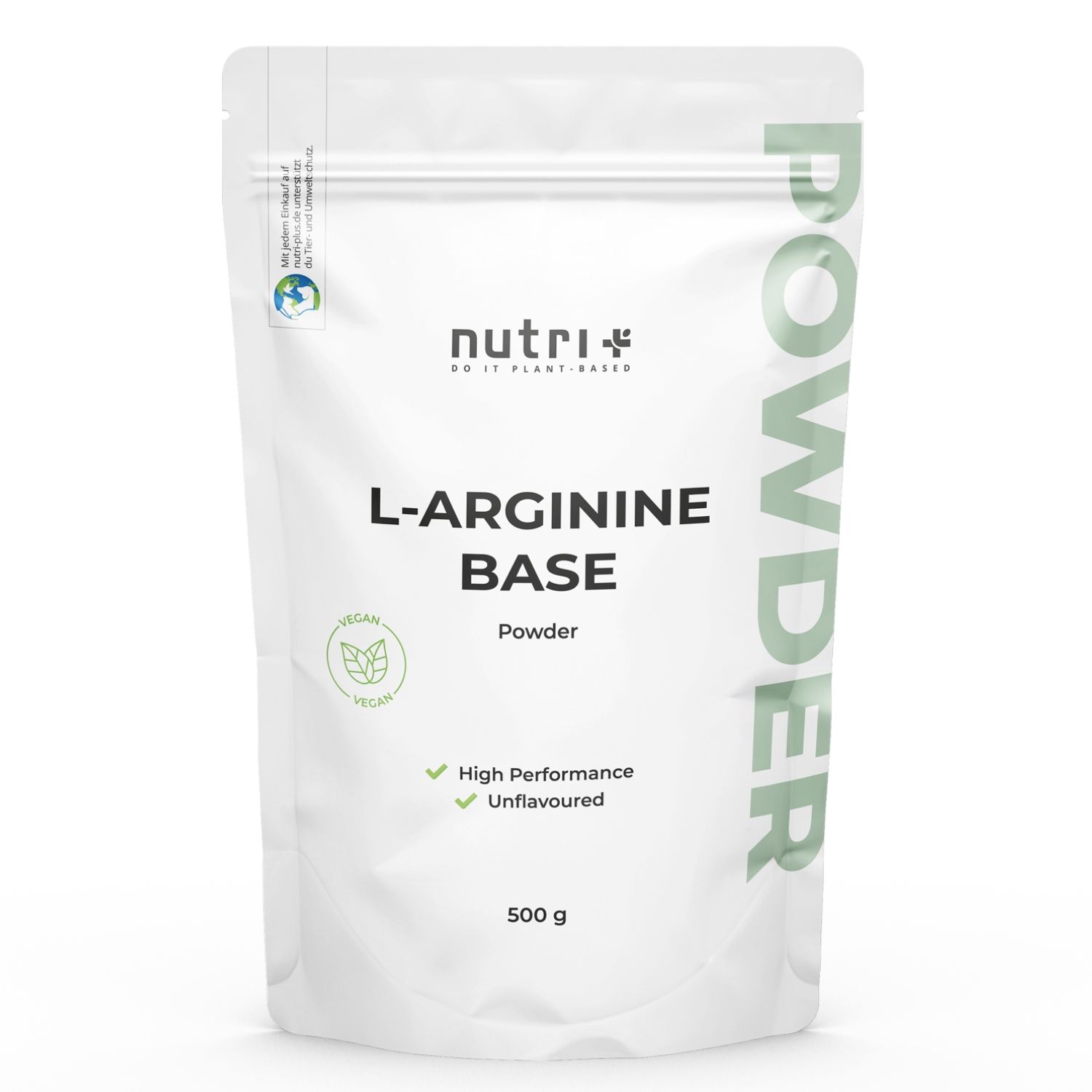 Witte zak met groene opdruk. Bevat L-Arginine Base poeder. 500g. Vegan keurmerk.
