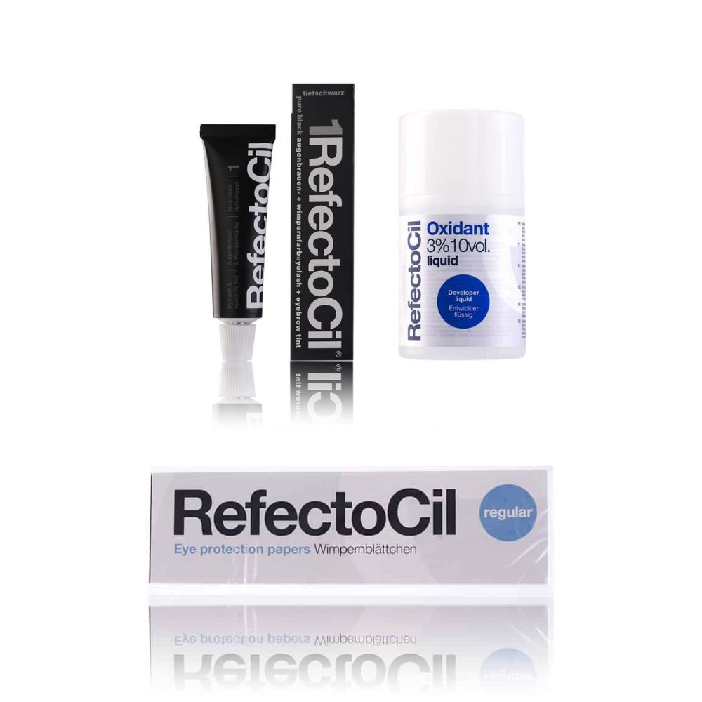 Ensemble avec tube, boîte, flacon et emballage papier. Inscriptions : RefectoCil, Oxidant 3% 10vol. liquid, Eye protection papers Wimpernblättchen.