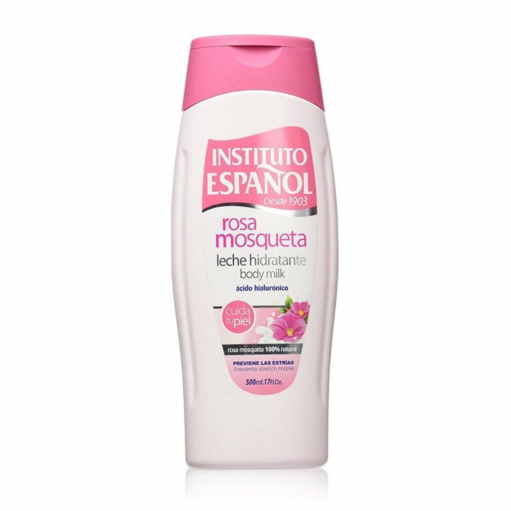 Bouteille blanche avec bouchon rose, Lait corporel Rosa Mosqueta Instituto Español, 500ml.