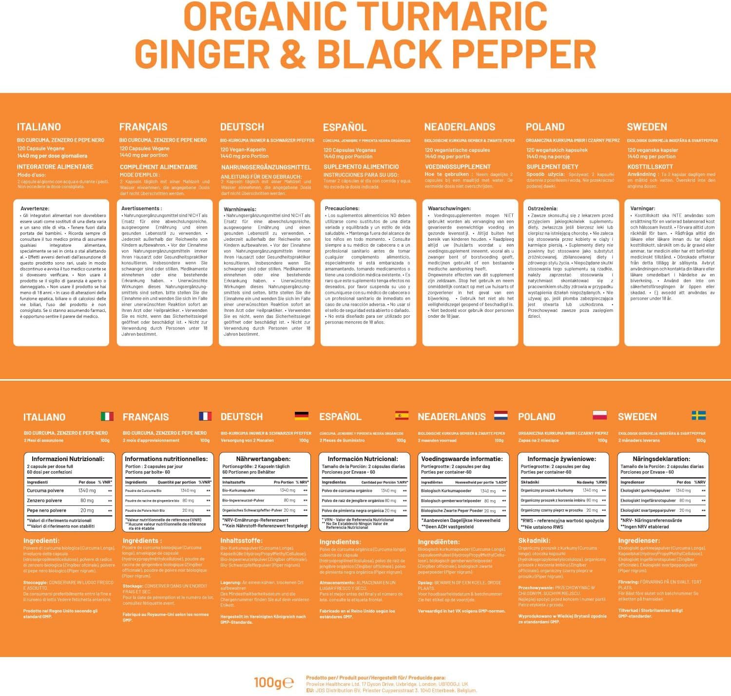 Meertalige productinformatie op oranje achtergrond. Teksten in het Italiaans, Frans, Duits, Spaans, Nederlands, Pools en Zweeds.
