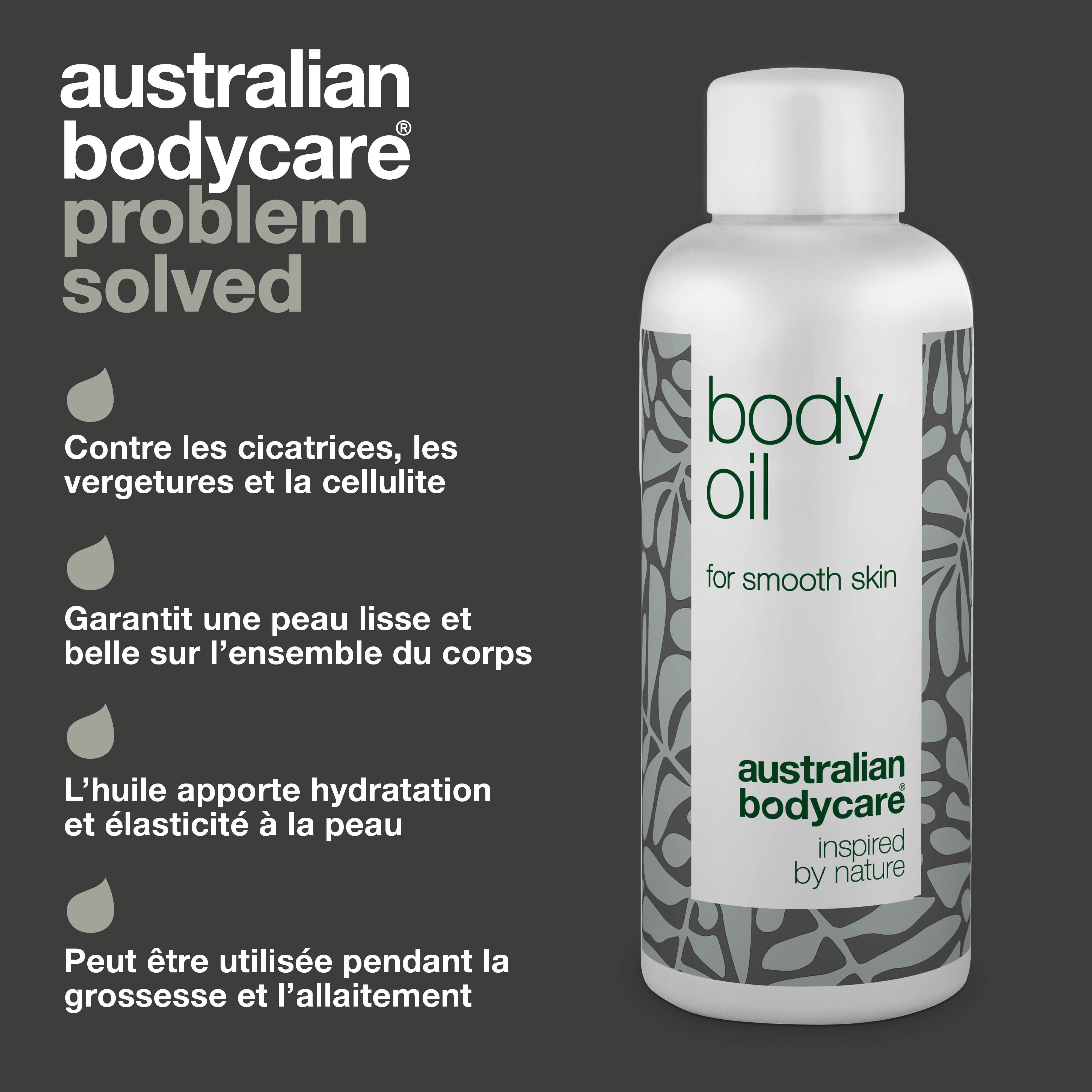 Flacon avec « body oil ». Texte : Contre les cicatrices, vergetures et cellulite. Design gris.