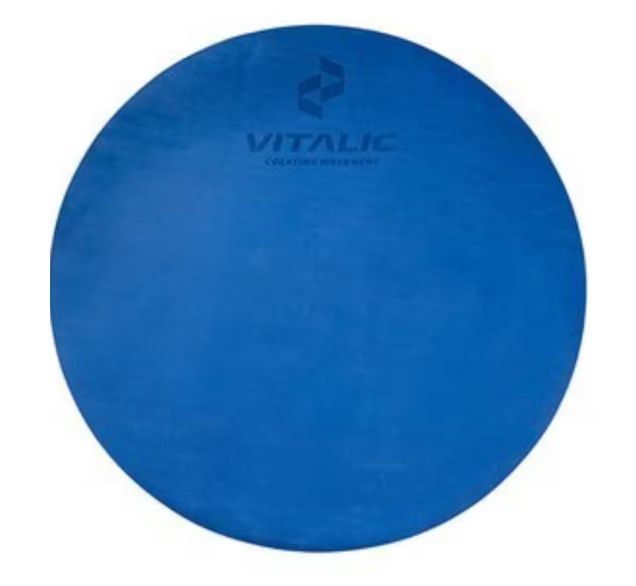 Tapis de yoga rond bleu. Logo VITALIC en haut. Antidérapant. Pour le sport et la méditation.