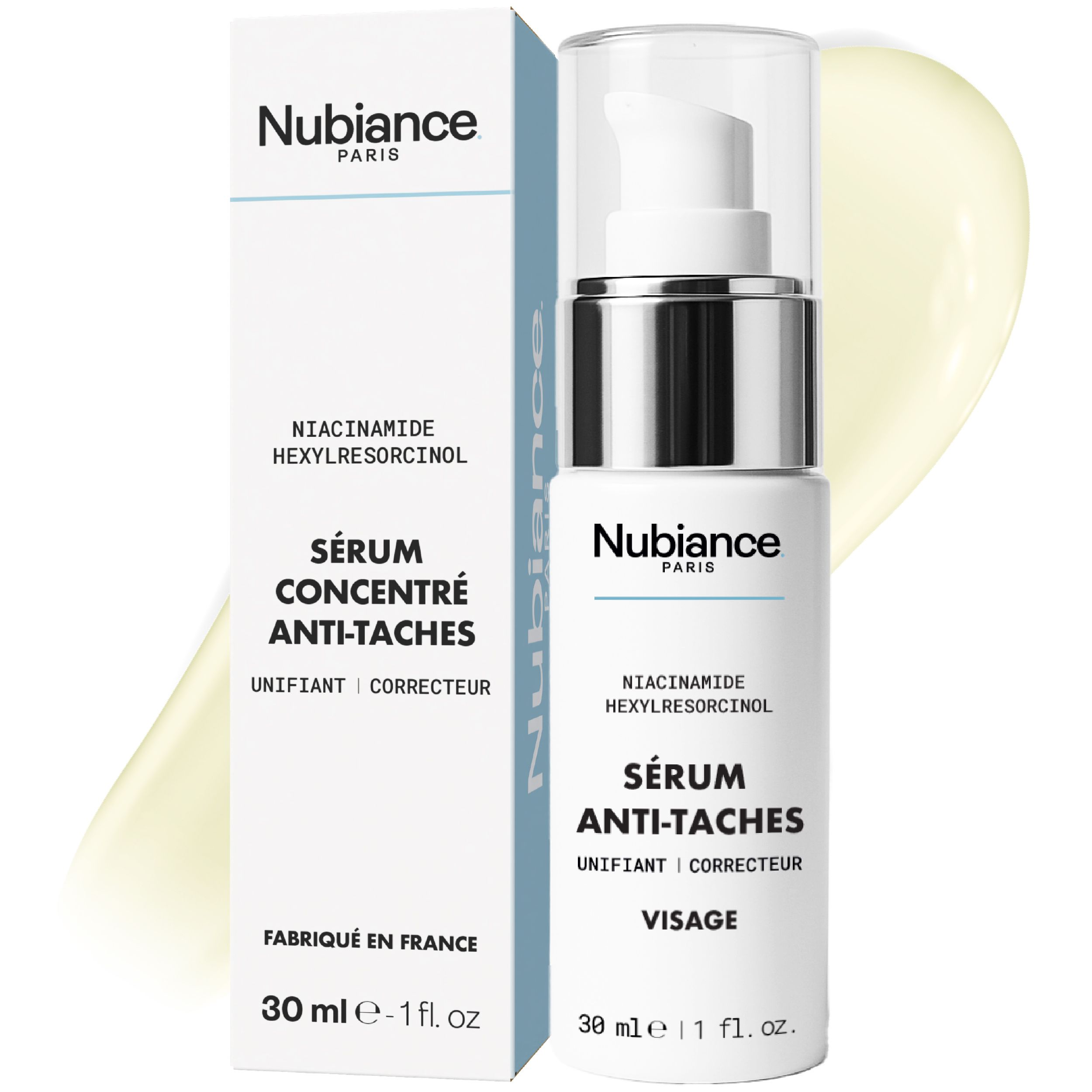 Serumfles met opdruk. Opschrift: Nubiance Paris. Bevat Niacinamide en Hexylresorcinol. 30 ml.