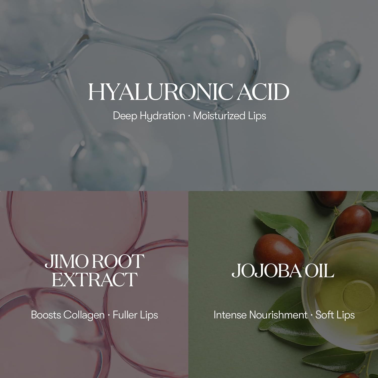 Ingrediënten: Hyaluronzuur, Jimo-wortelextract, Jojoba-olie. Teksten: Deep Hydration, Boosts Collagen, Intense Nourishment.