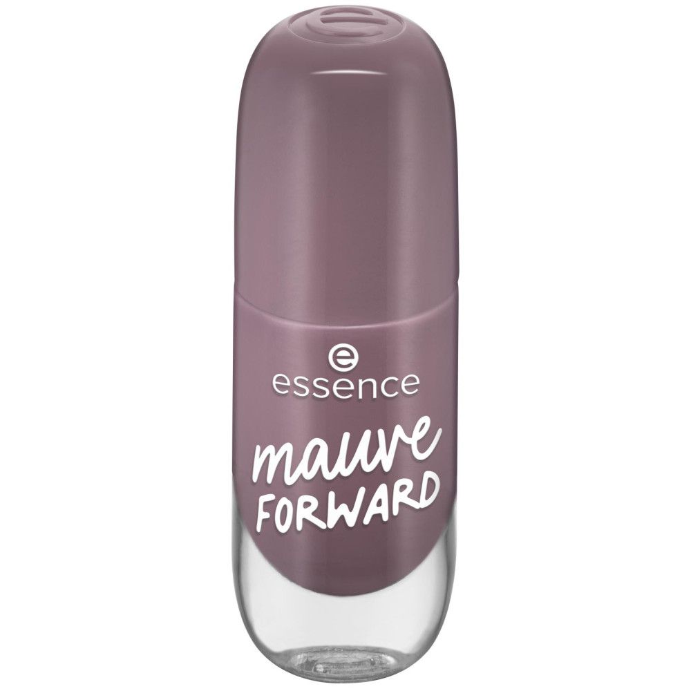 Flacon de vernis à ongles avec vernis rose, inscription "mauve FORWARD" et "essence".
