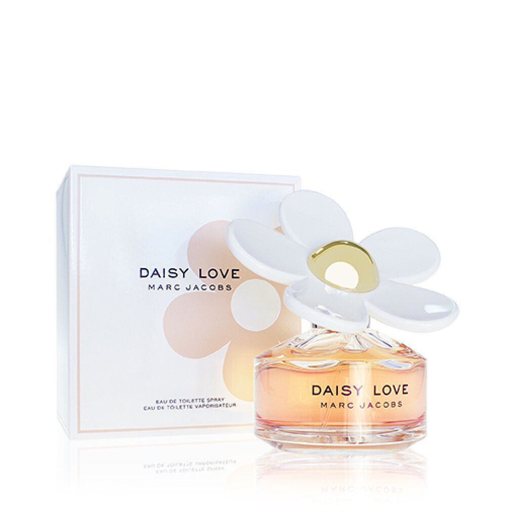Flacon de parfum et emballage. Flacon avec fleur blanche. Emballage avec motif de fleur Daisy et texte.