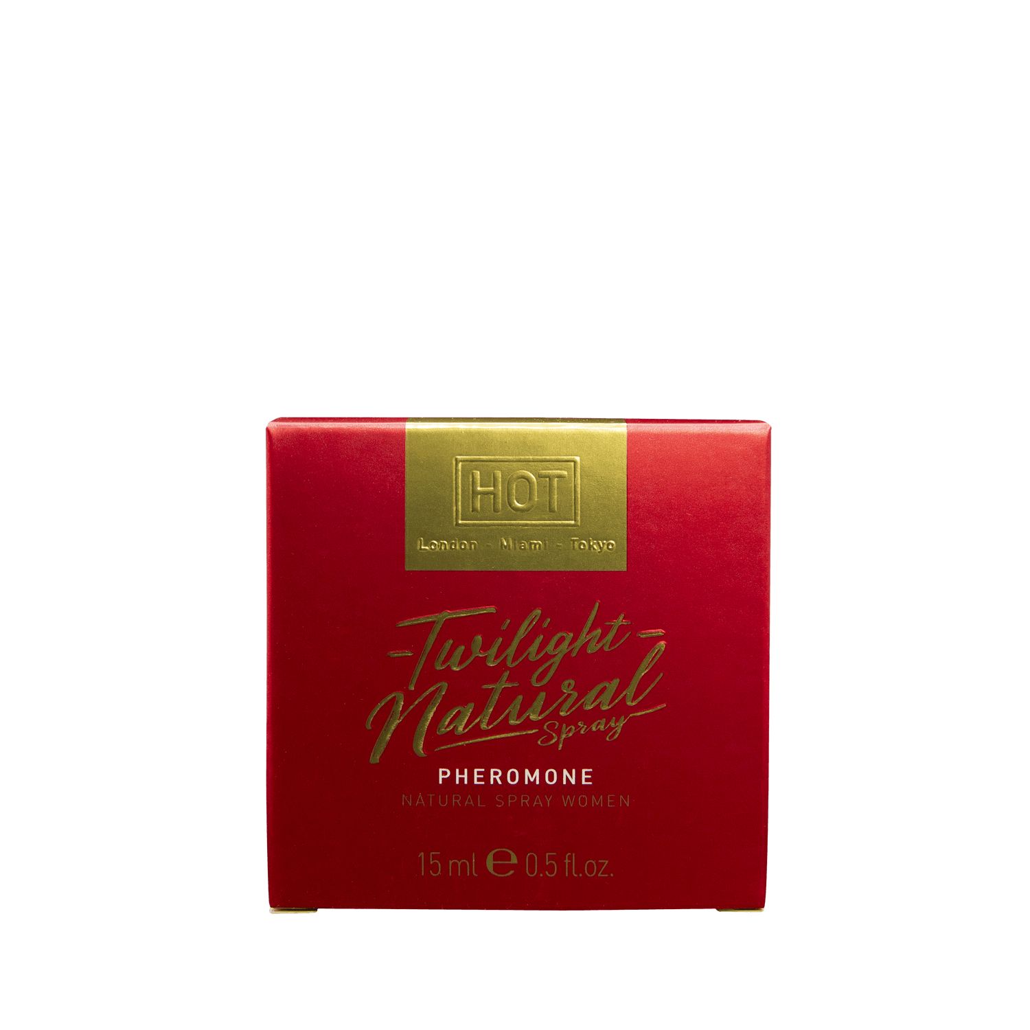 Rode doos met gouden opschrift. "Twilight Natural Spray Pheromone" en "15 ml 0.5 Fl.oz."