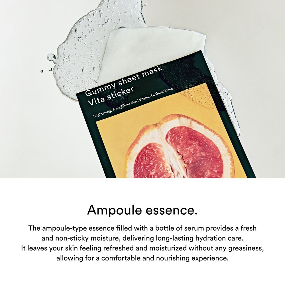 Productverpakking met productnaam en afbeelding van grapefruit. Water spettert. Tekst: Gummy sheet mask Vita sticker, vitamine C, glutathion.