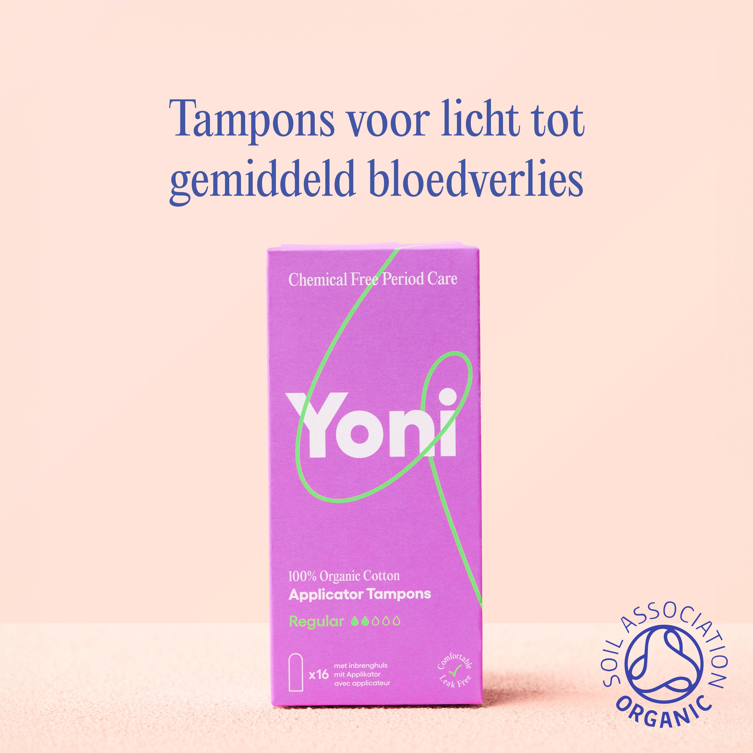 Verpakking met tampons. Paarse doos met witte tekst Yoni. Tekst: 100% biologisch katoen, applicator tampons, regular.
