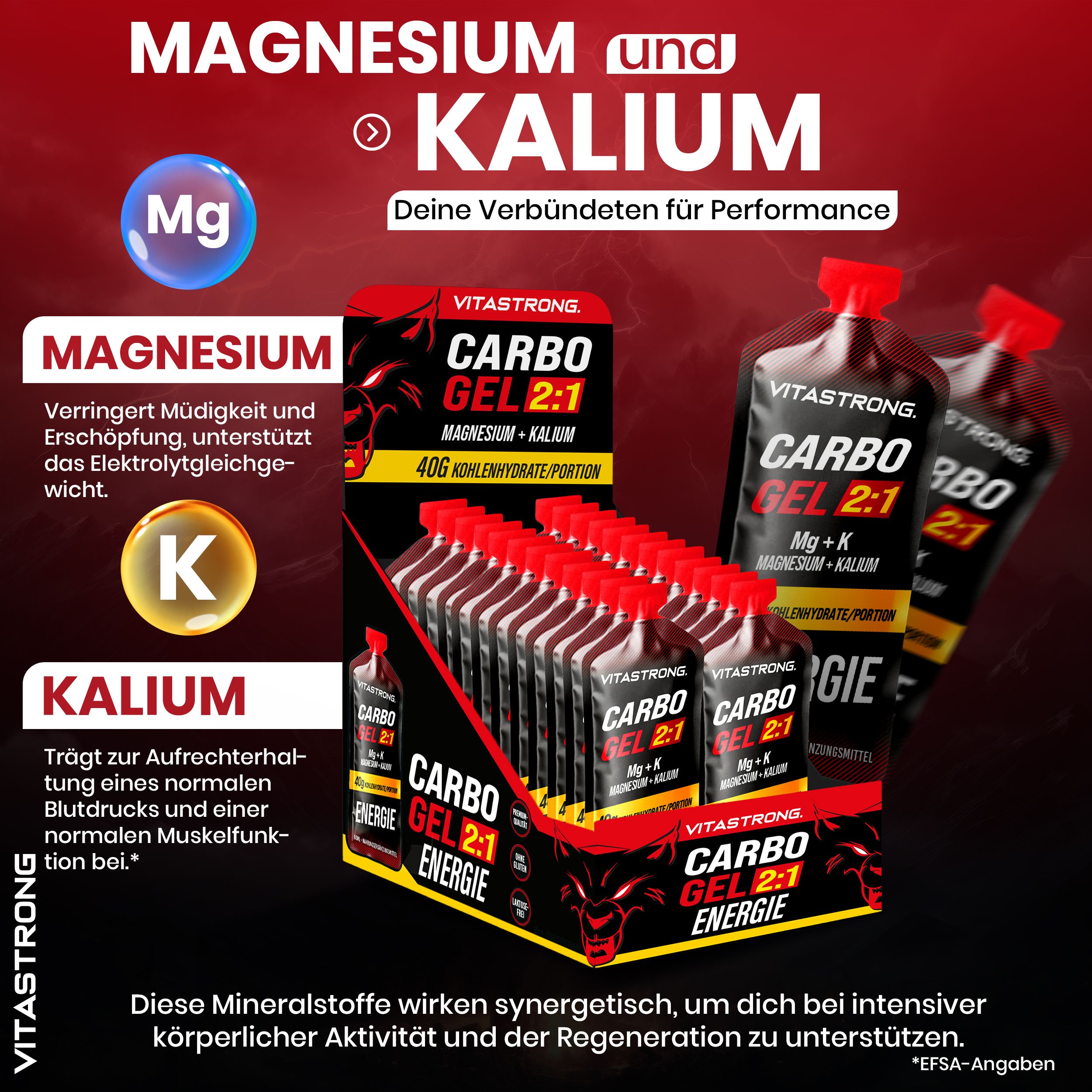 Vitastrong CARBO GEL 2:1. Display met portieverpakkingen. Tekst: Magnesium en kalium. 40g koolhydraten. Mineralen voor prestaties.