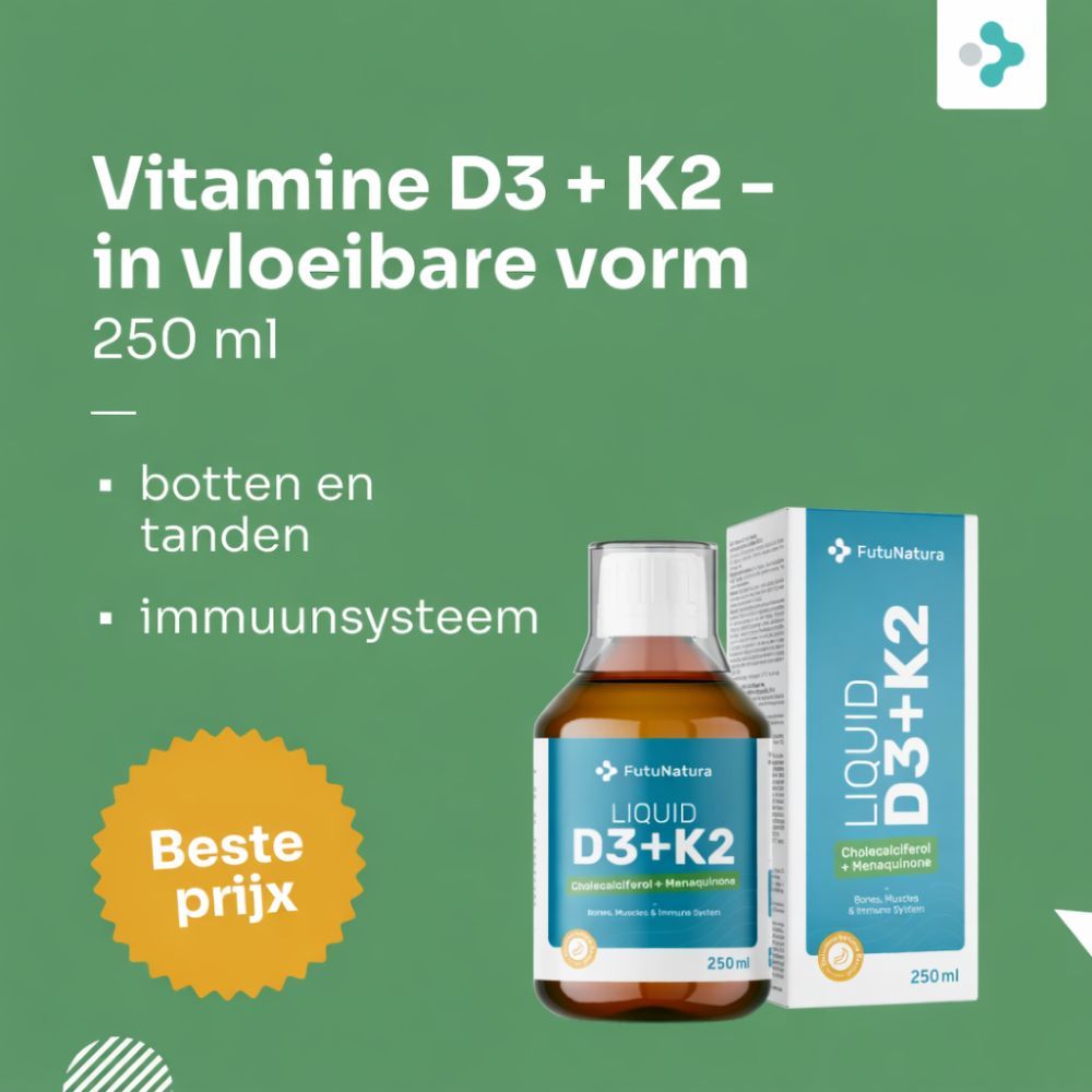 Groene achtergrond met tekst en product. Vitamine D3 + K2 vloeibaar, 250 ml. Voordelen: botten, tanden, immuunsysteem. Beste prijs.