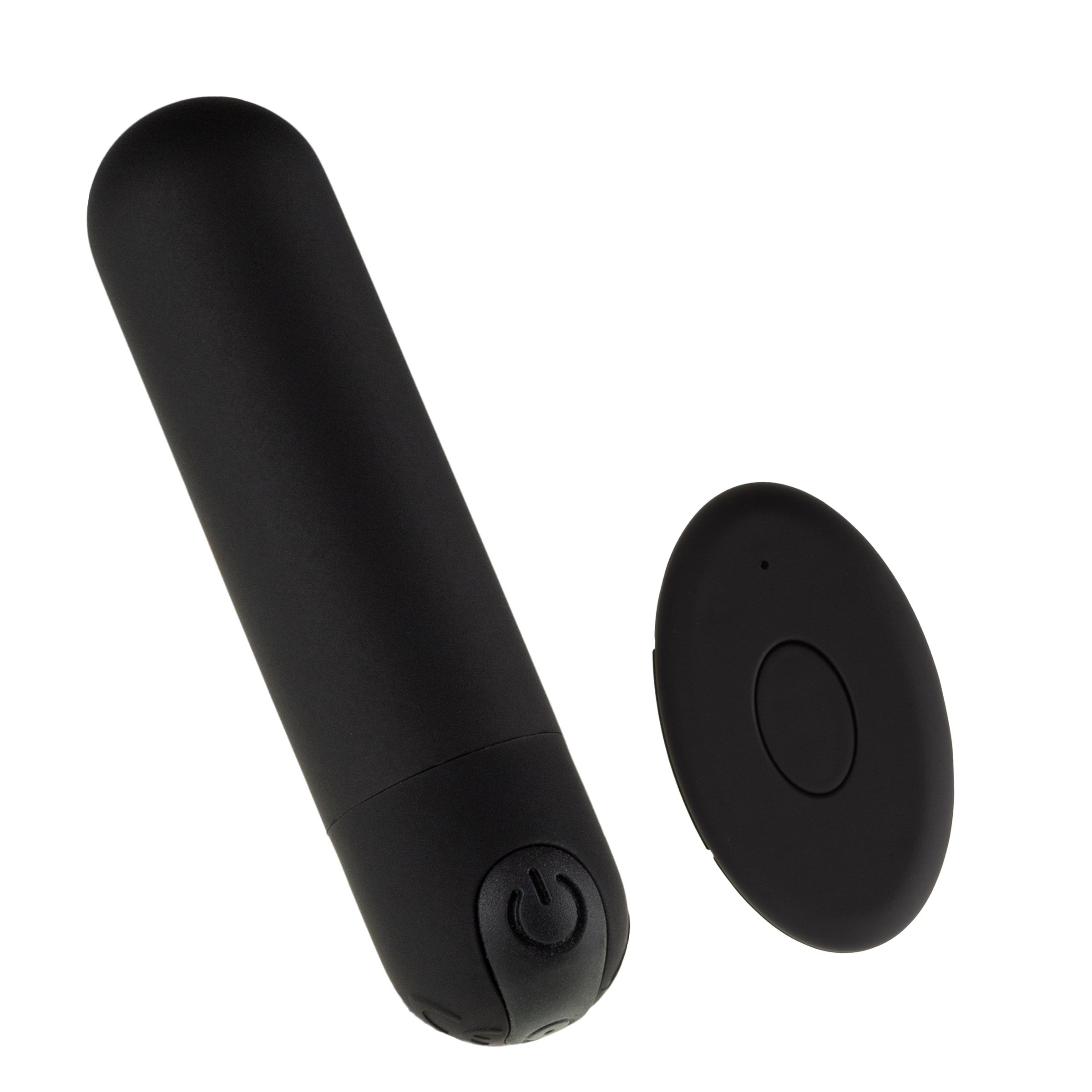 Produit cylindrique noir avec extrémités arrondies et élément ovale séparé avec bouton. Les deux ont une surface mate.