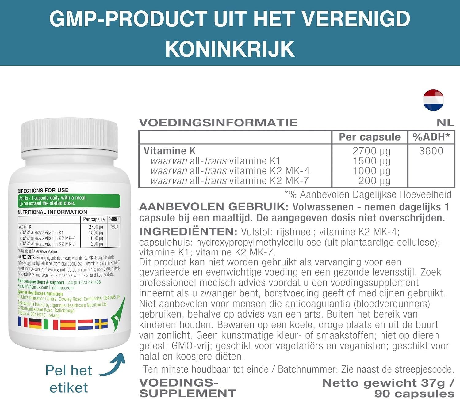 Fles met vitamine K-capsules, voedingswaarde-informatie en gebruiksaanwijzing.
