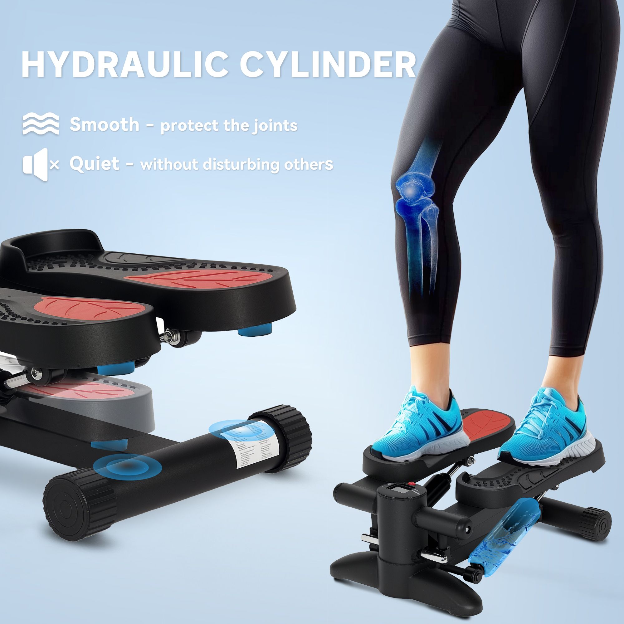 Stepper met hydraulische cilinder. Zwarte basis, rode voetsteunen. Tekst: Glad, Stil. Been met knie-illustratie.