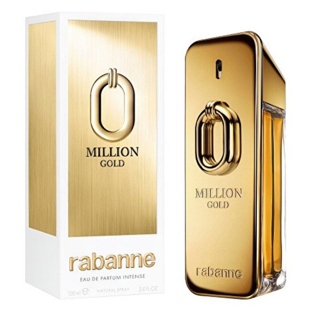 Gouden fles en verpakking met "MILLION GOLD" en "rabanne". Rechthoekige vorm.